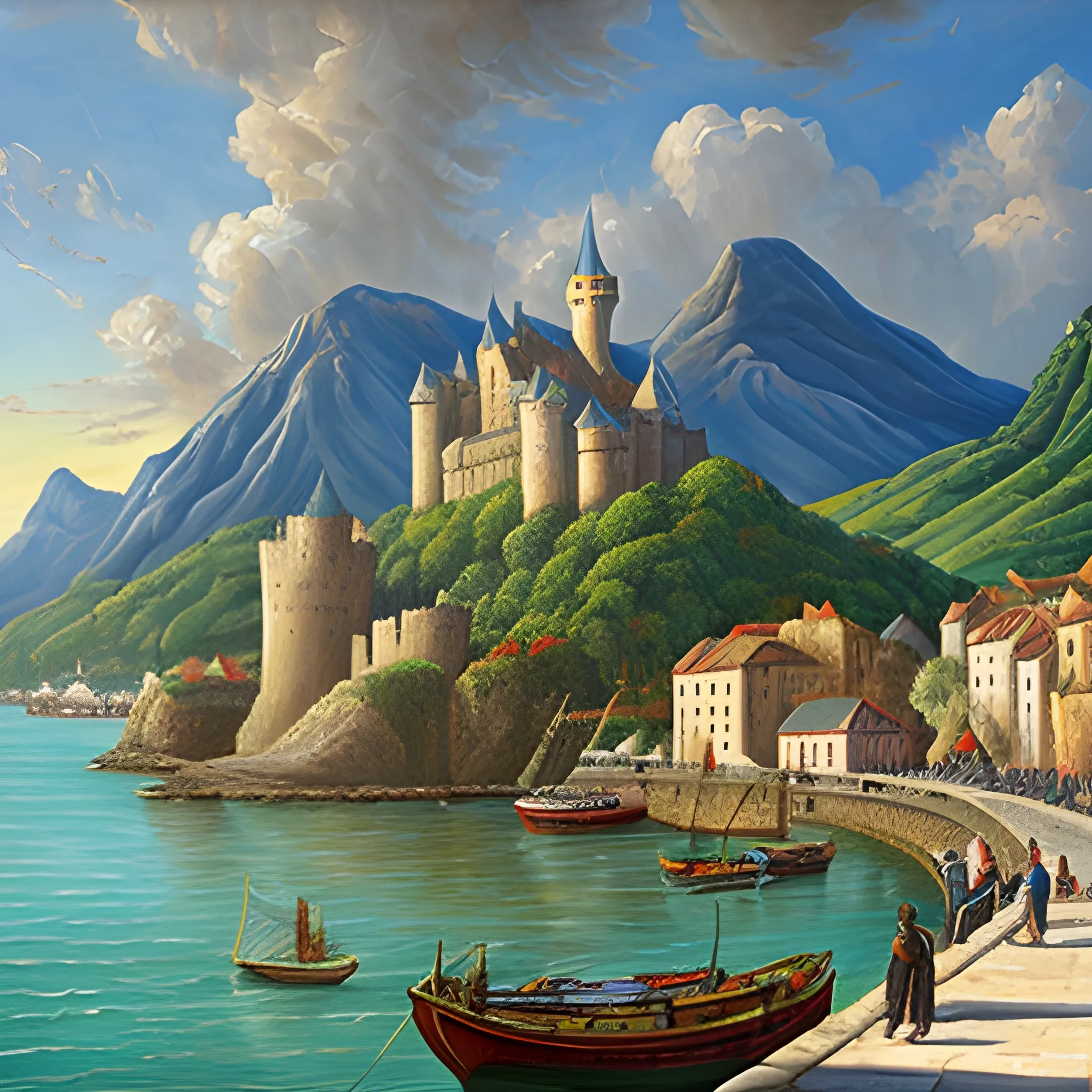 large medieval city , castle , by the ocean , busy port , mountains behind , Oil Painting , tropical