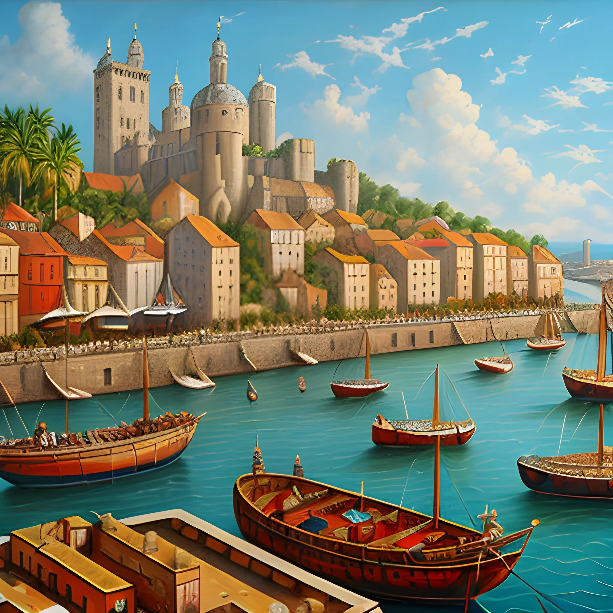 large medieval port city , busy , Oil Painting , tropical