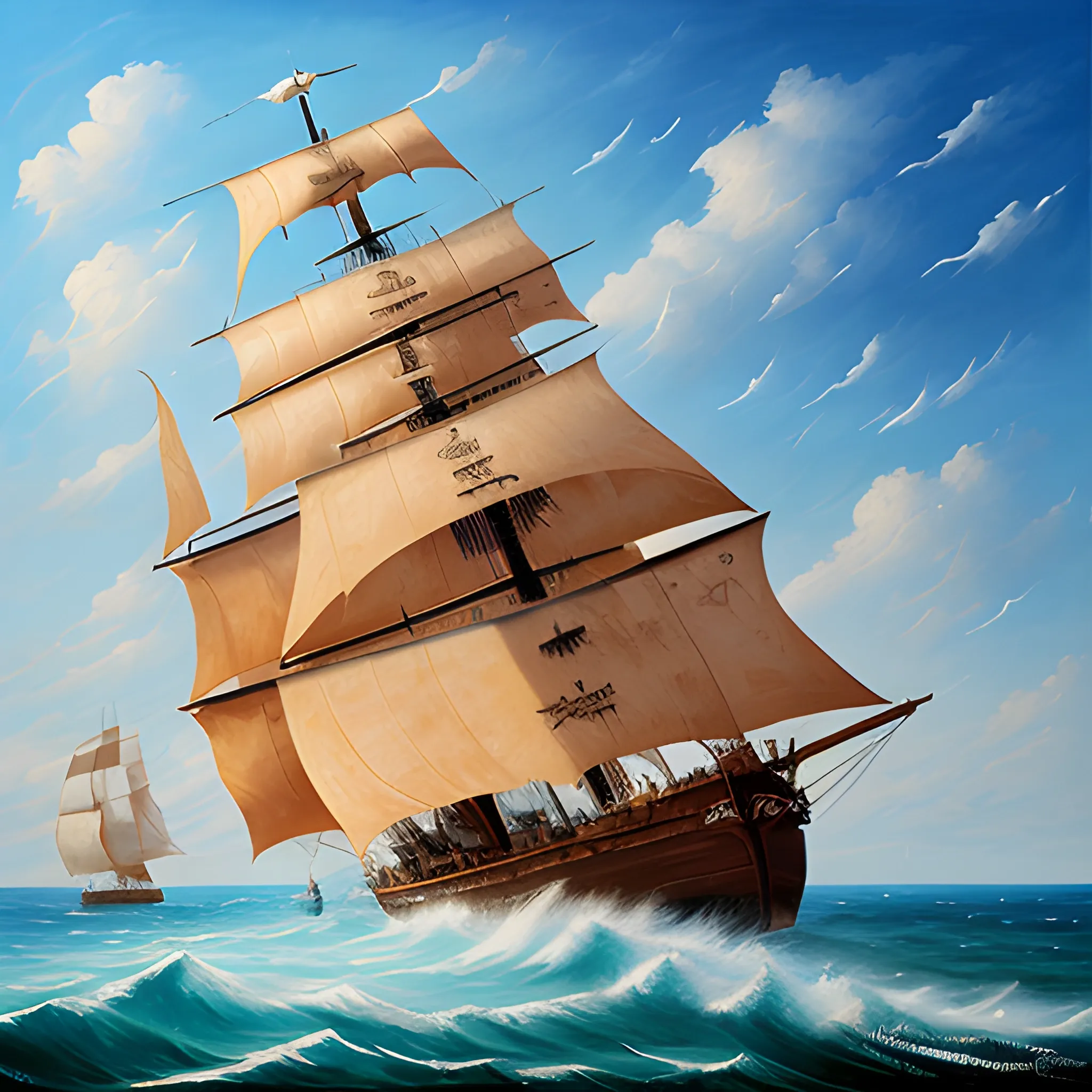 A pirate ship sailing in a wavy sea, thick burlap sails blown with the wind, large ship, full side view of the ship, view from the starboard side of the ship, blue sky, partial clouds, the ship centered in the frame, eye-catching painting, 
rich colors, deep blue sky, painting Vladimir Volegov