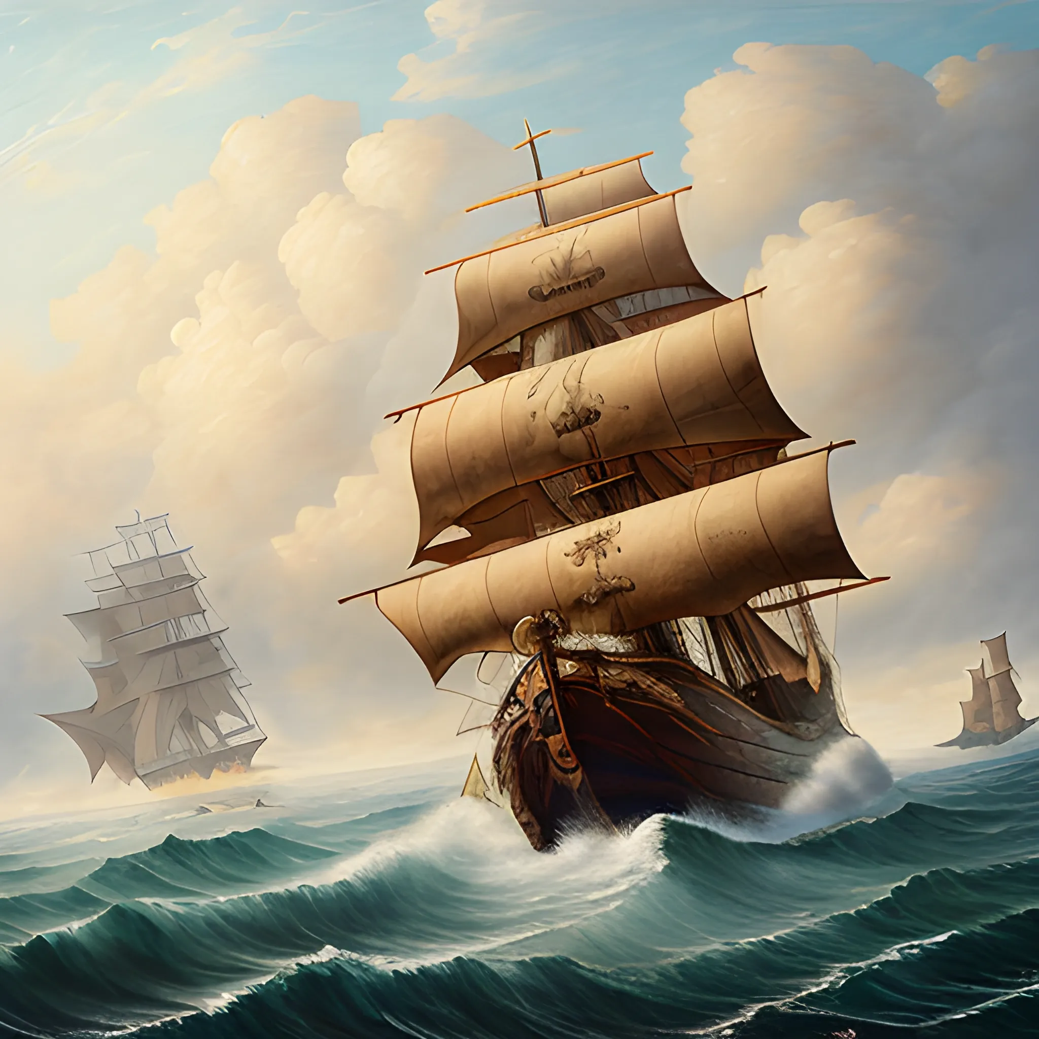 A pirate ship sailing in a wavy sea, thick burlap sails blown with the wind, large ship, full side view of the ship, view from the starboard side of the ship, Wonderful painting, Akihito Yoshida oil painting style, highly detailed,