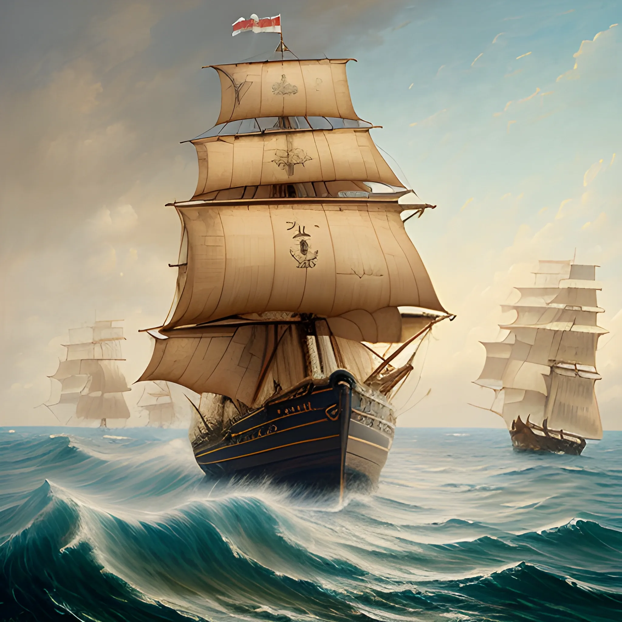 A pirate ship sailing in a wavy sea, thick burlap sails blown with the wind, large ship, full side view of the ship, view from the starboard side of the ship, Wonderful painting, Akihito Yoshida oil painting style, highly detailed,, Oil Painting
