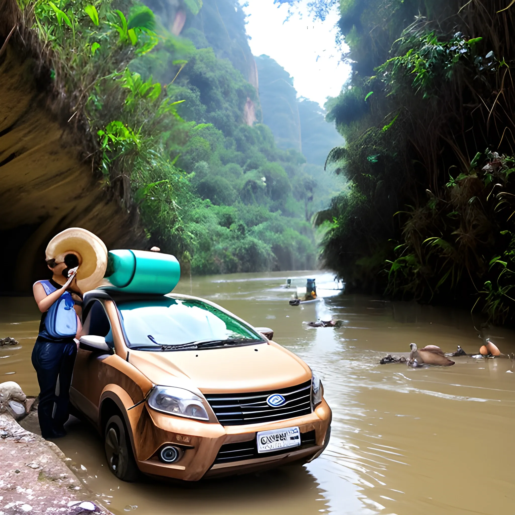 foto de un rio con un bongo transportando carros y una naturaleza muy vivida.