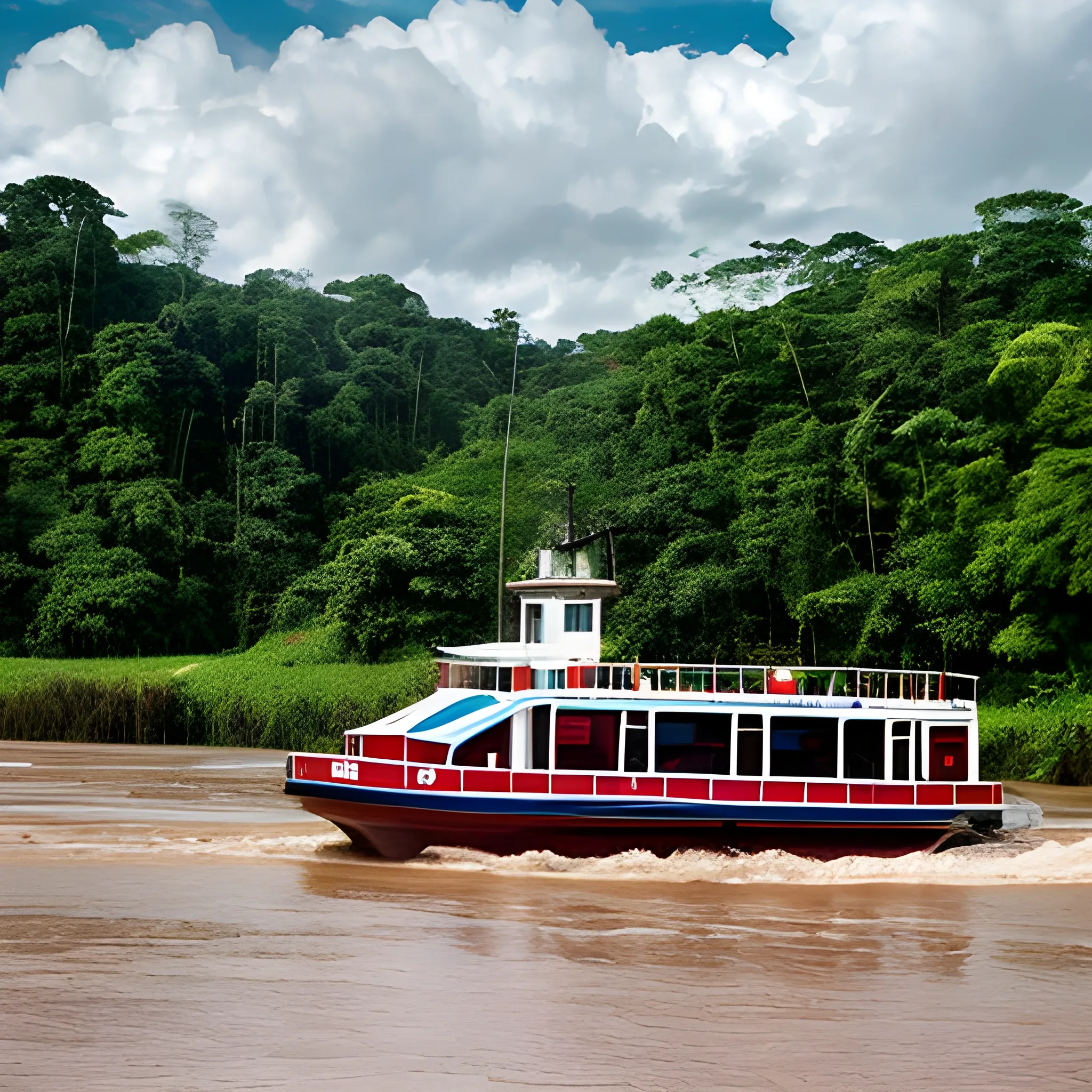 foto del rio putumayo con un ferry en movimiento con una nbaturalesa MUY LINDA