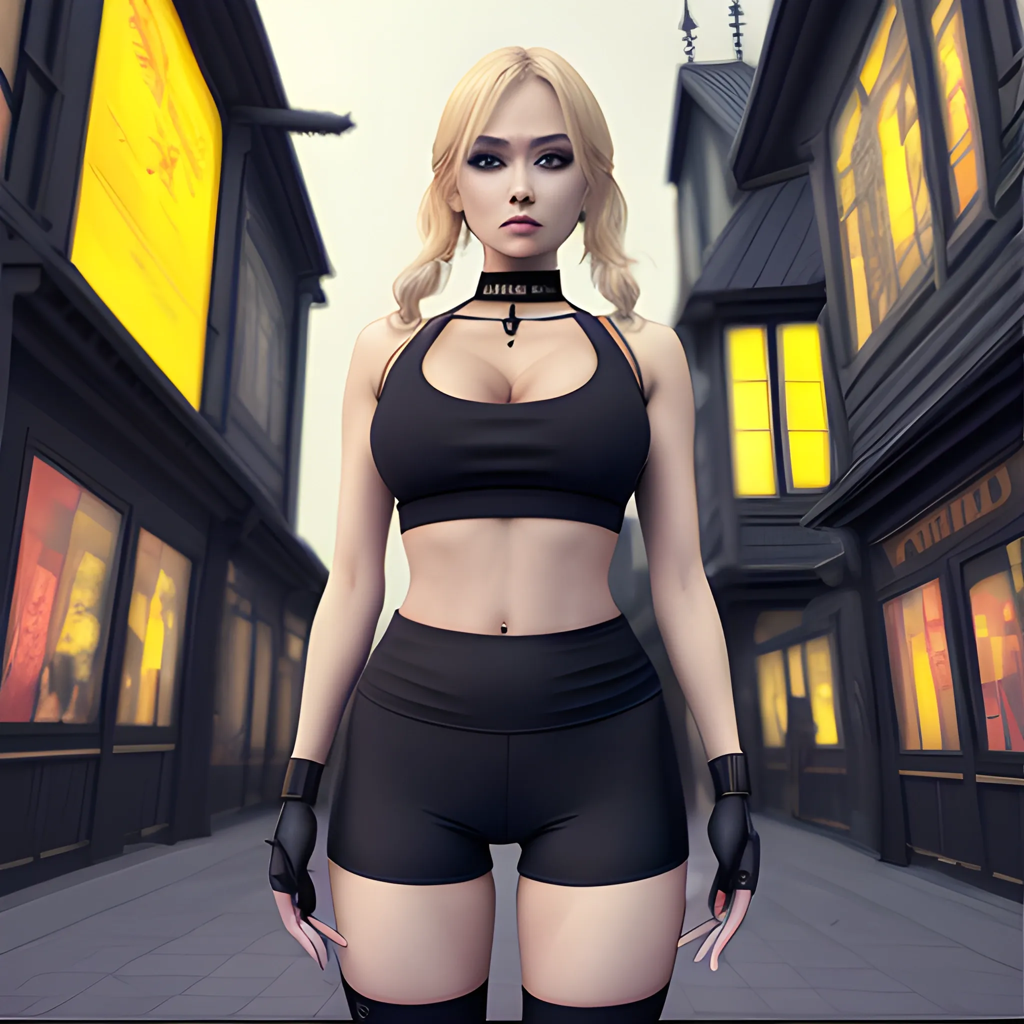 dark painting, intensive colors, fashion shot of a beautiful asian blondehaired woman posing, full figure, fit, tight shirt,  yoga shorts,  choker, postapocaliptic gothic city nigh in a background, anime v2, Oil Painting, 3D