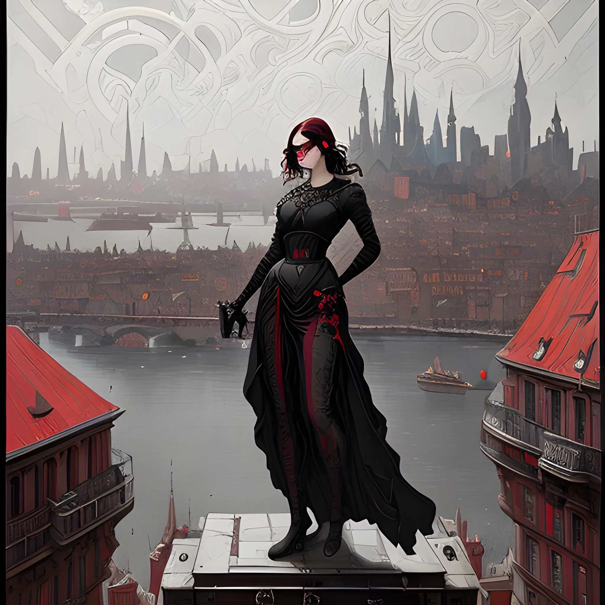 Art Nouveau painting, black, silver and red colors,  true aesthetics,  postapocaliptic city in the background, art by Greg Rutkowski, acrylic, high contrast, colorful polychromatic, ultra detailed, ultra quality, CGSocietyHighly detailed, highest quality