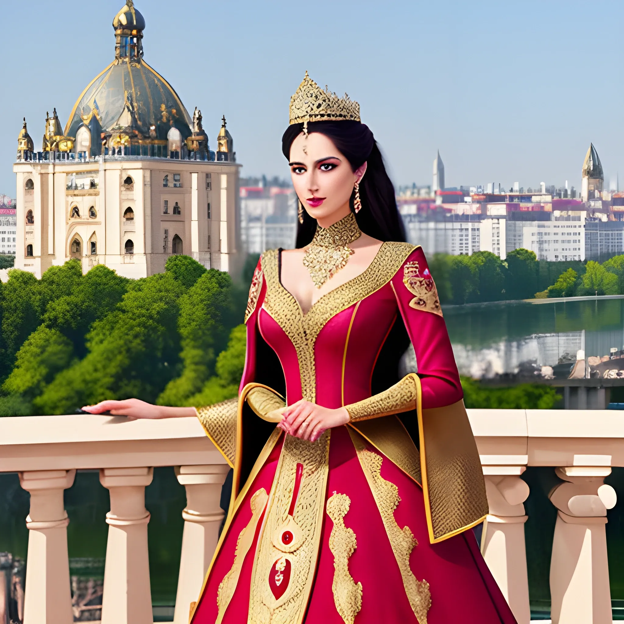 A charming young queen styled with long hair and elegant outfit with palatial buildings in the background