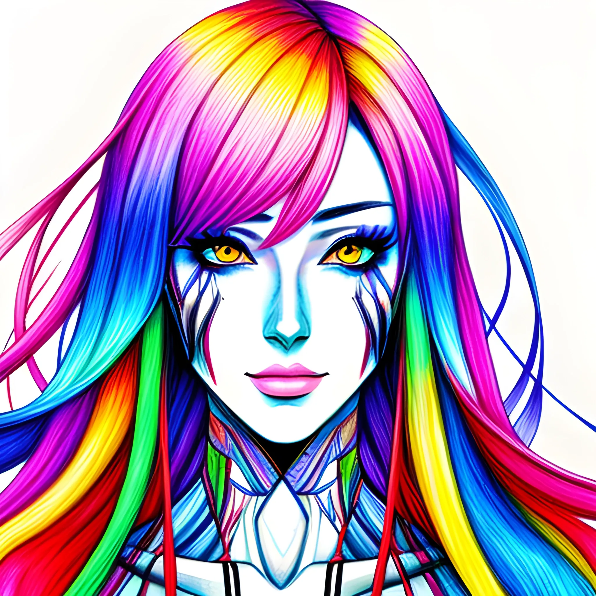 A young girl, colorful anime decoration, hyper-realistic portrait style,, Trippy, Pencil Sketch