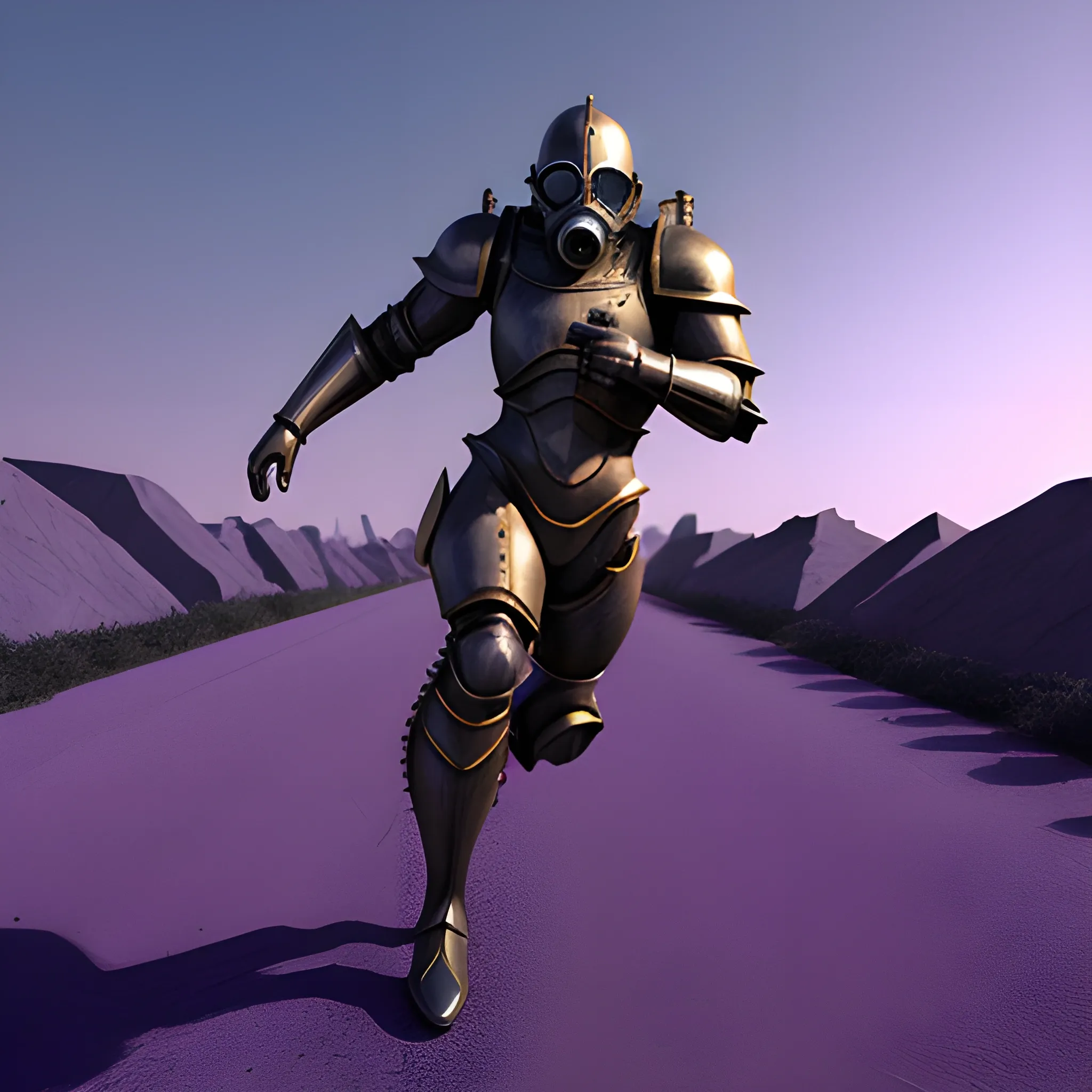 , 3D a man in purple armor and a gas mask and children running away from him