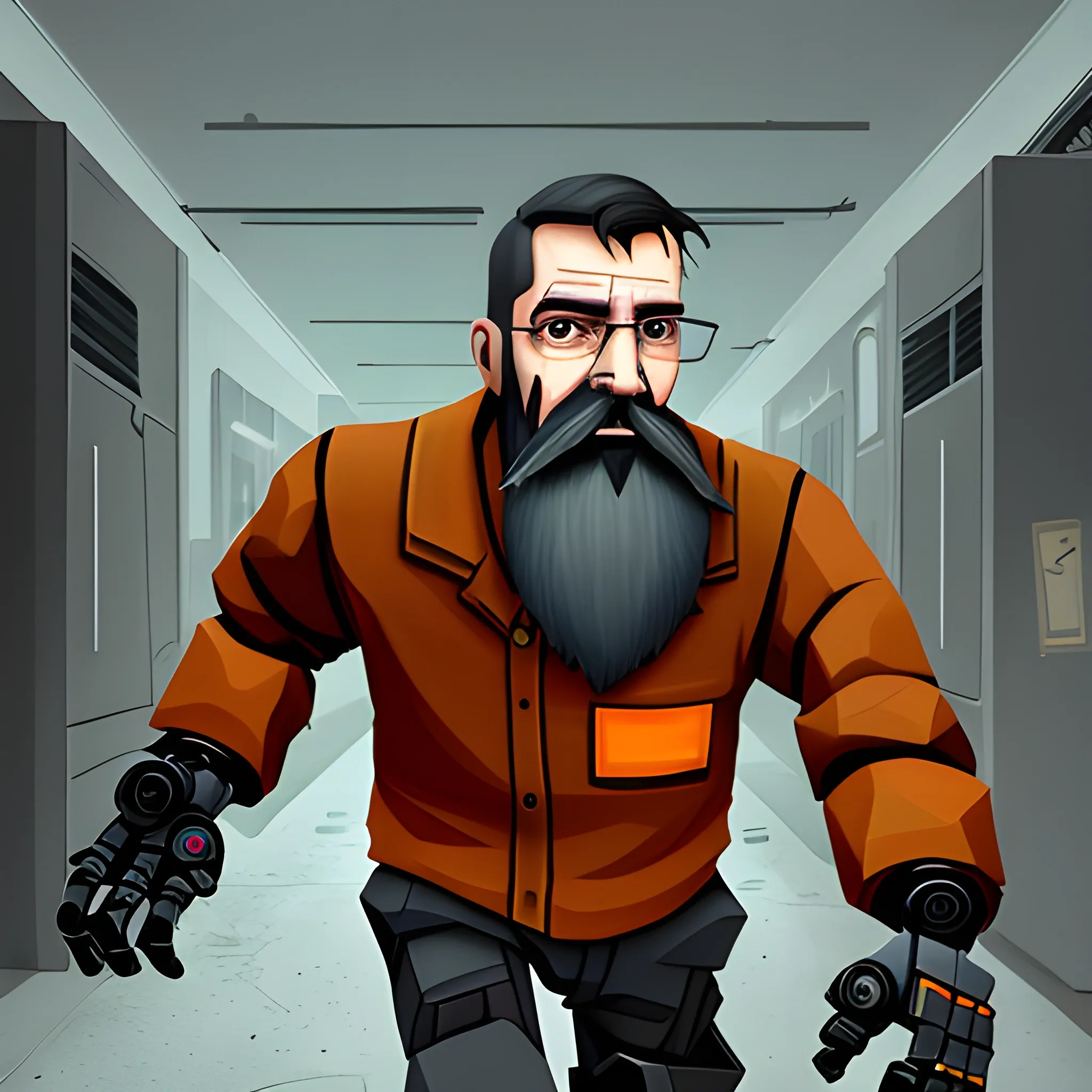 , Cartoon a man from the game "Half Life2" with a robotic arm in glasses and a beard runs after people