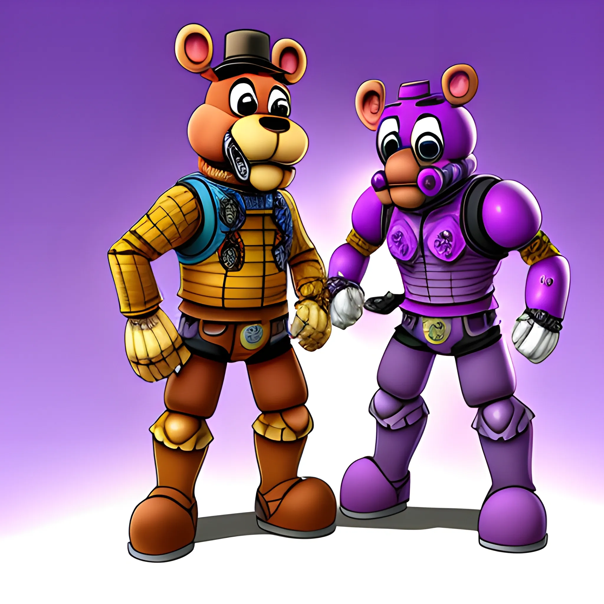 , Cartoon Freddy Fazbear versus a man in purple warrior armor and a white gas mask