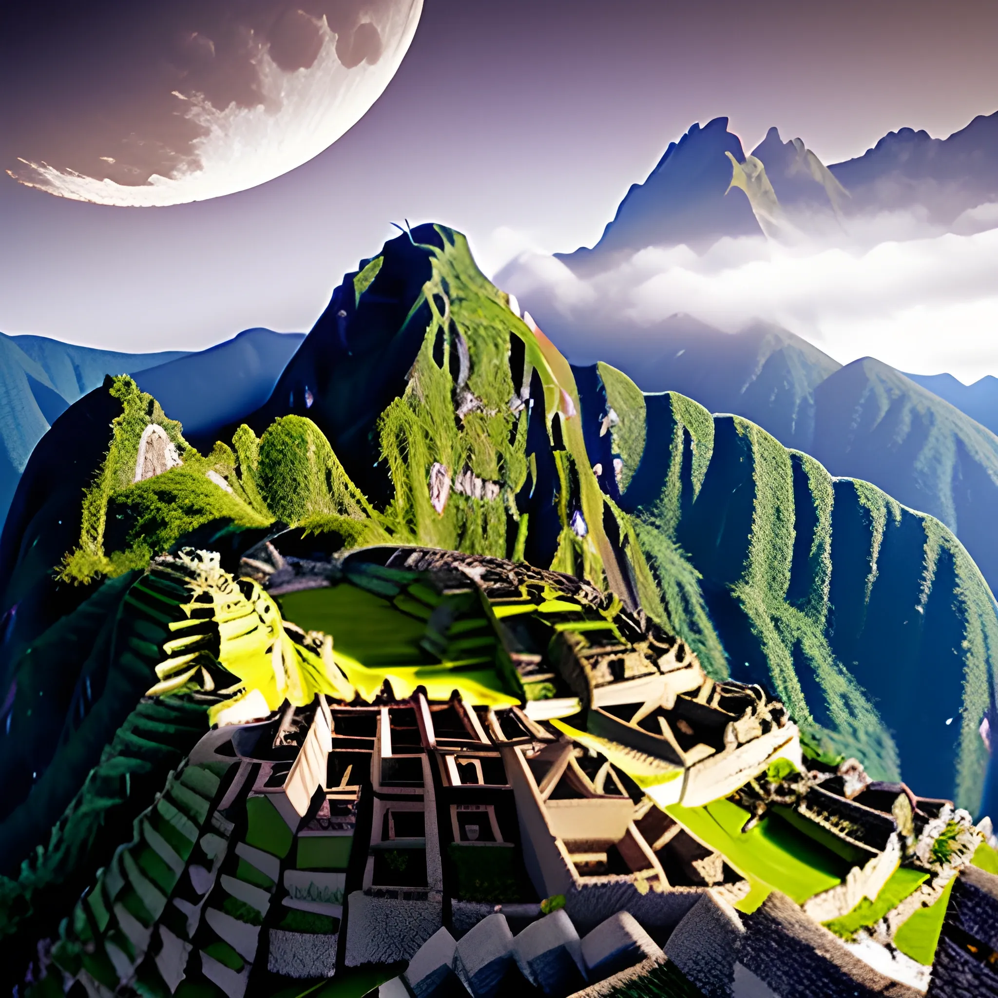 Mountain peaks, smoke, moon phases, Machu Picchu gothic landscape