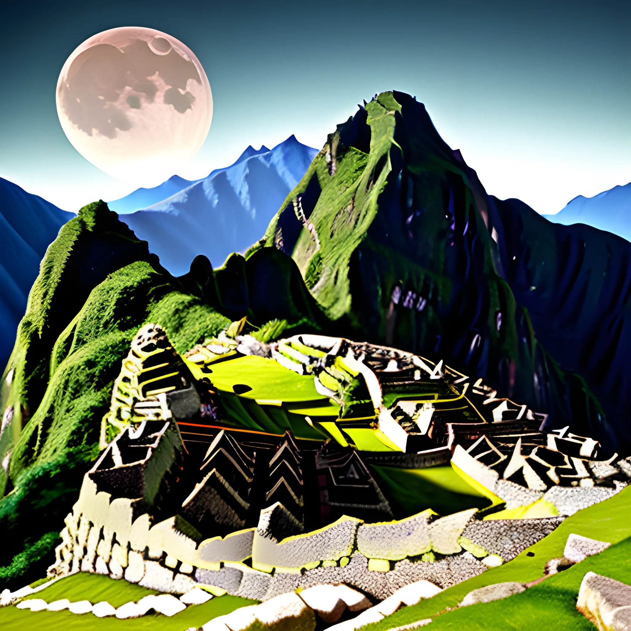 Mountain peaks, smoke, moon phases, Machu Picchu gothic landscape, Trippy