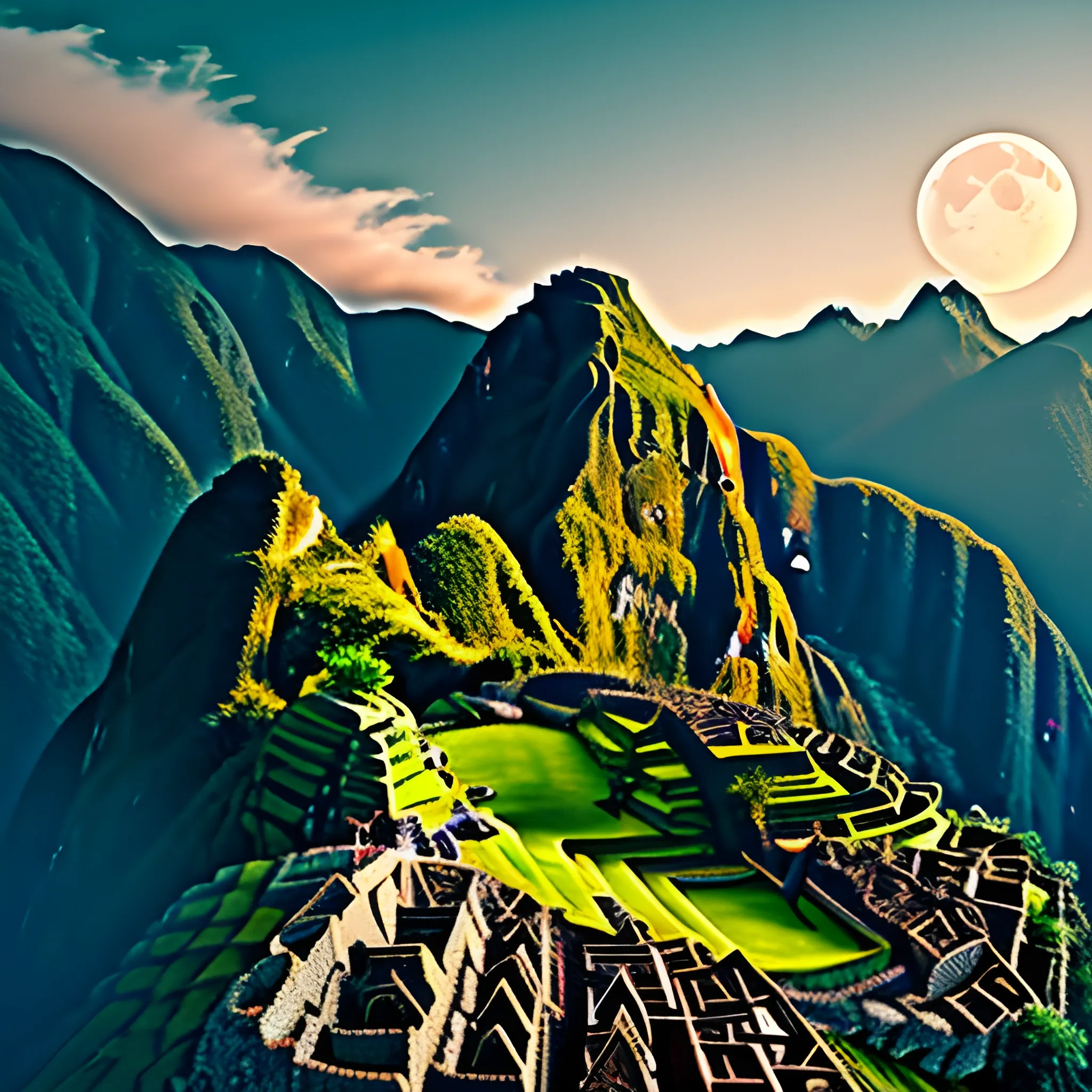 Mountain peaks, smoke, moon phases, Machu Picchu gothic landscape, Trippy，4K