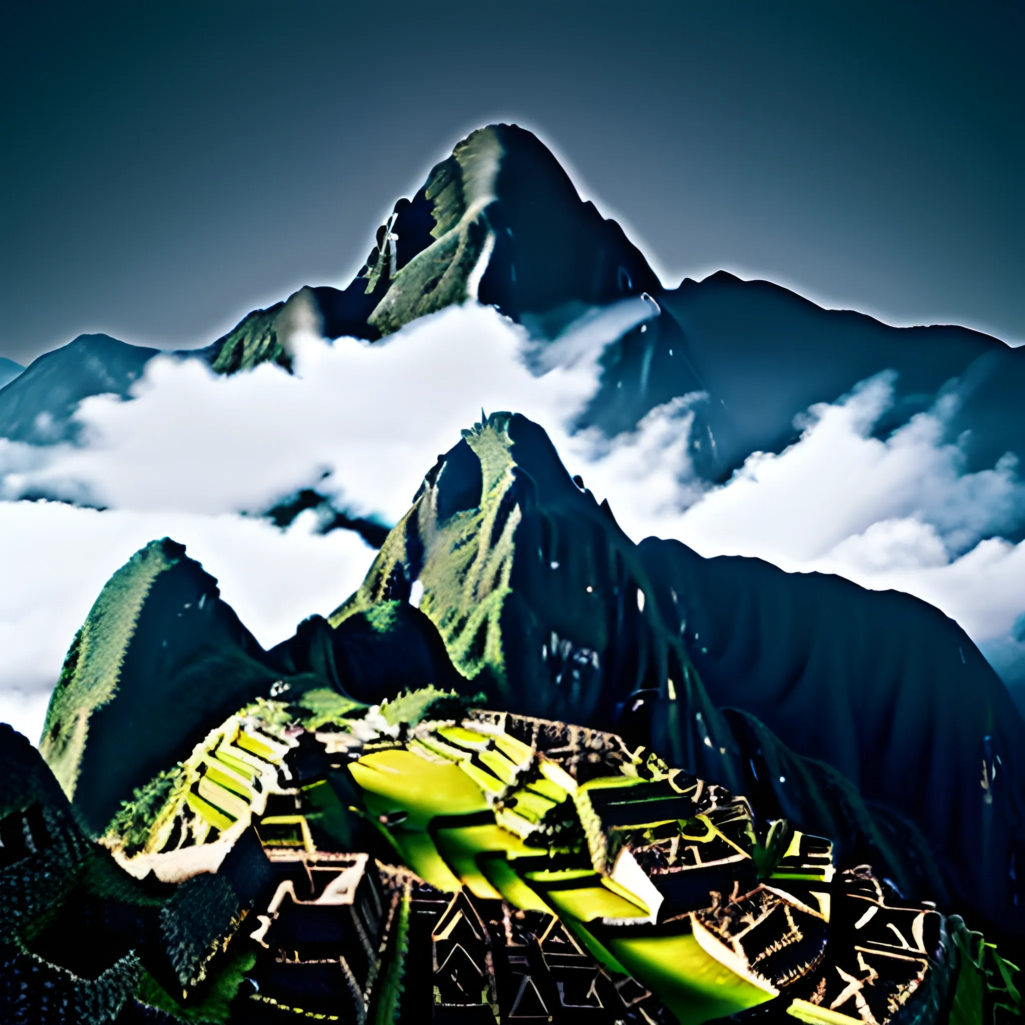 Mountain peaks, smoke, moon phases, Machu Picchu gothic landscape, Trippy，1280*1920