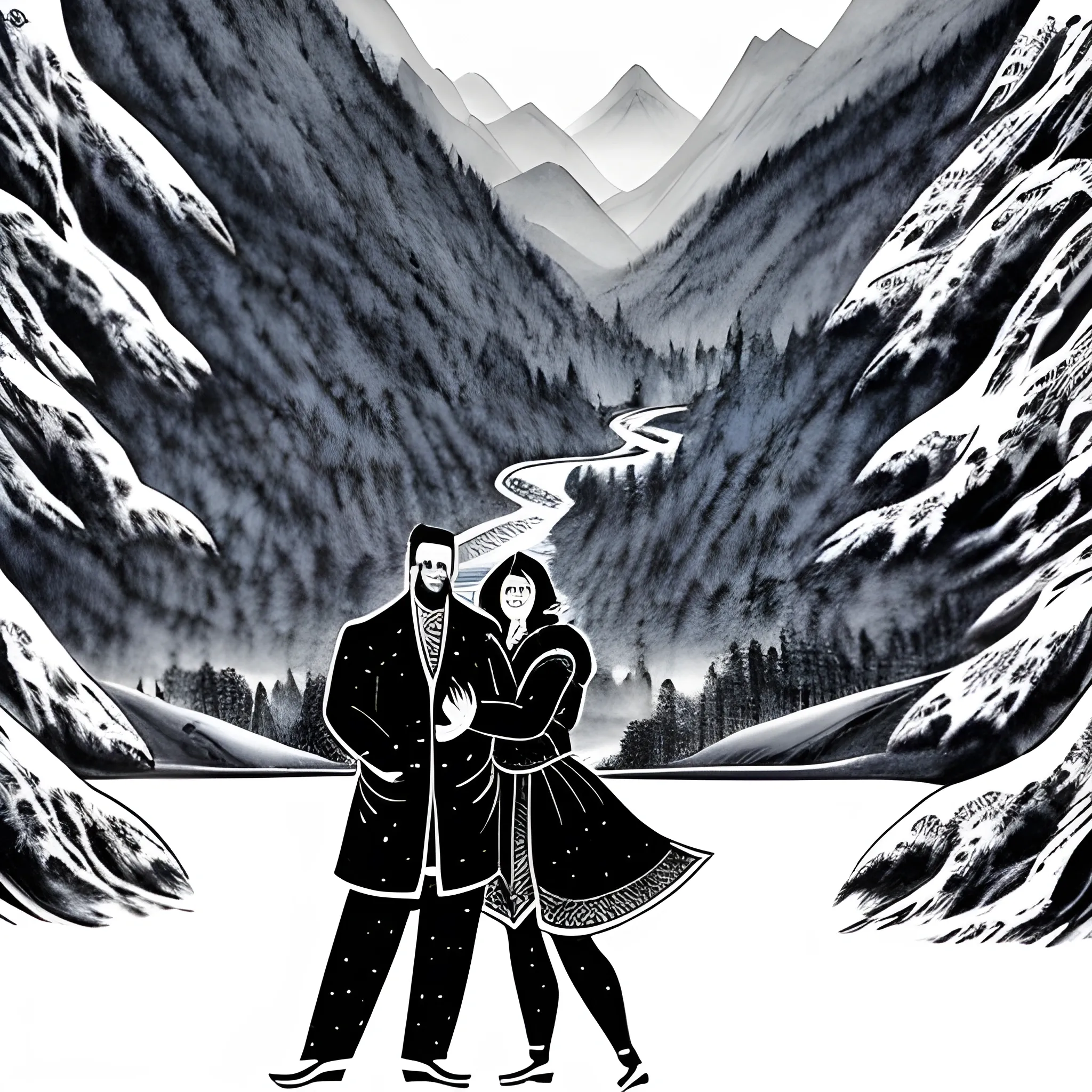 A boy hugs the girl's waist and faces the camera while dancingin a mysterious fairyland, mountains and rivers, big trees, winter snow, traditional Chinese ink painting style, super high detail, super realistic