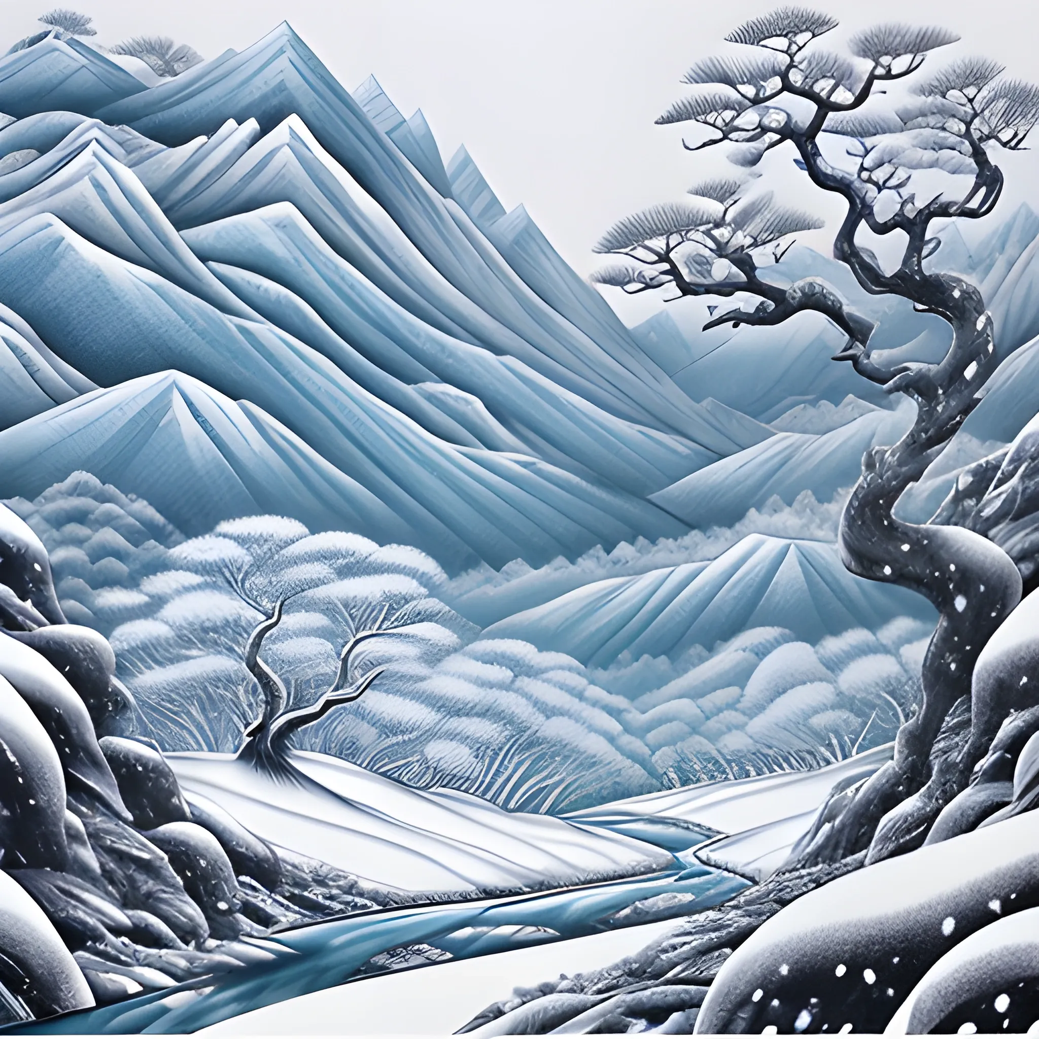 A boy in a mysterious fairyland, mountains and rivers, big trees, winter snow, traditional Chinese ink painting style, super high detail, super realistic, Trippy