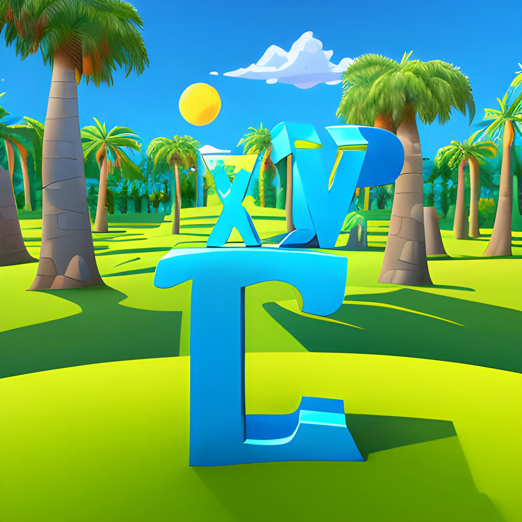 letter V in cartoon shape, playing in a magical place, 3D, cartoon