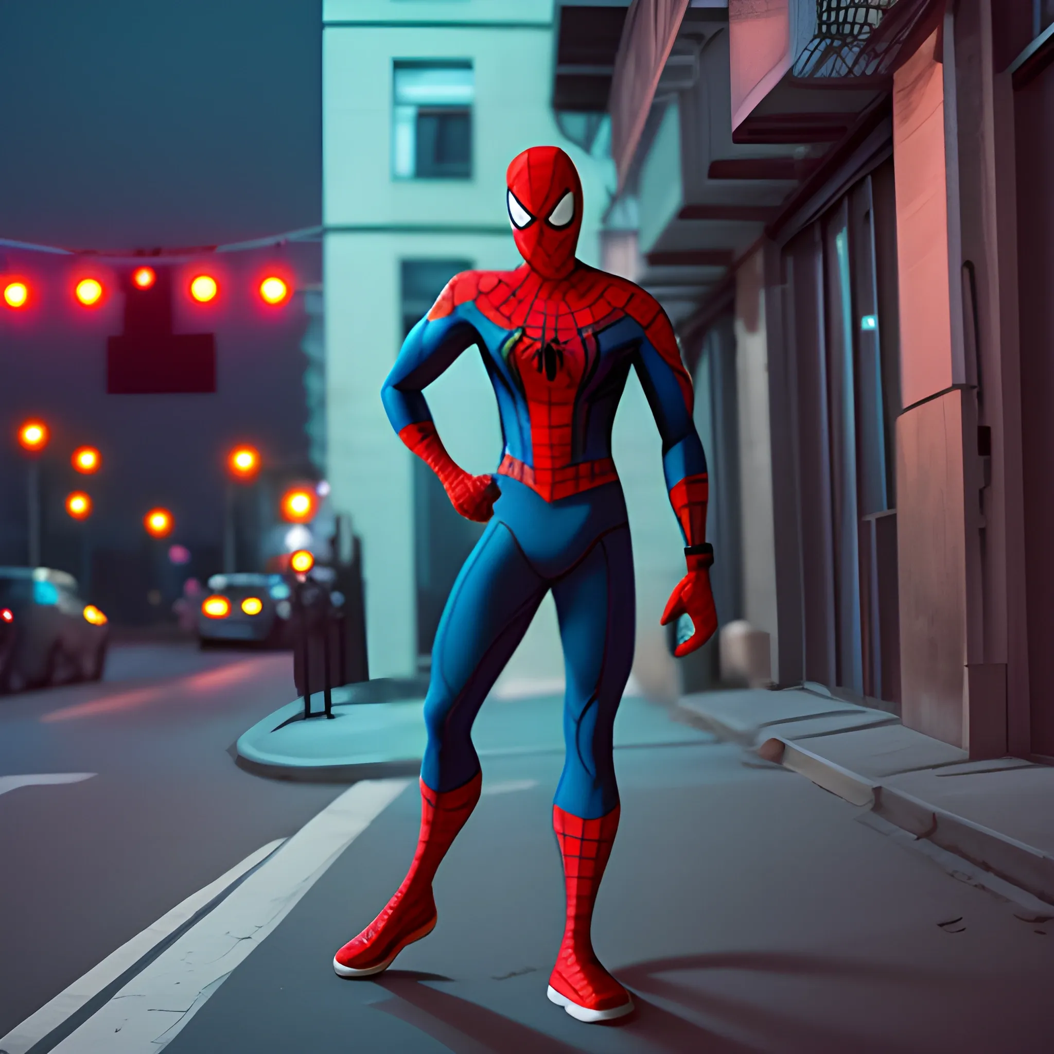 Timberson style Spider-Man, on the street at night