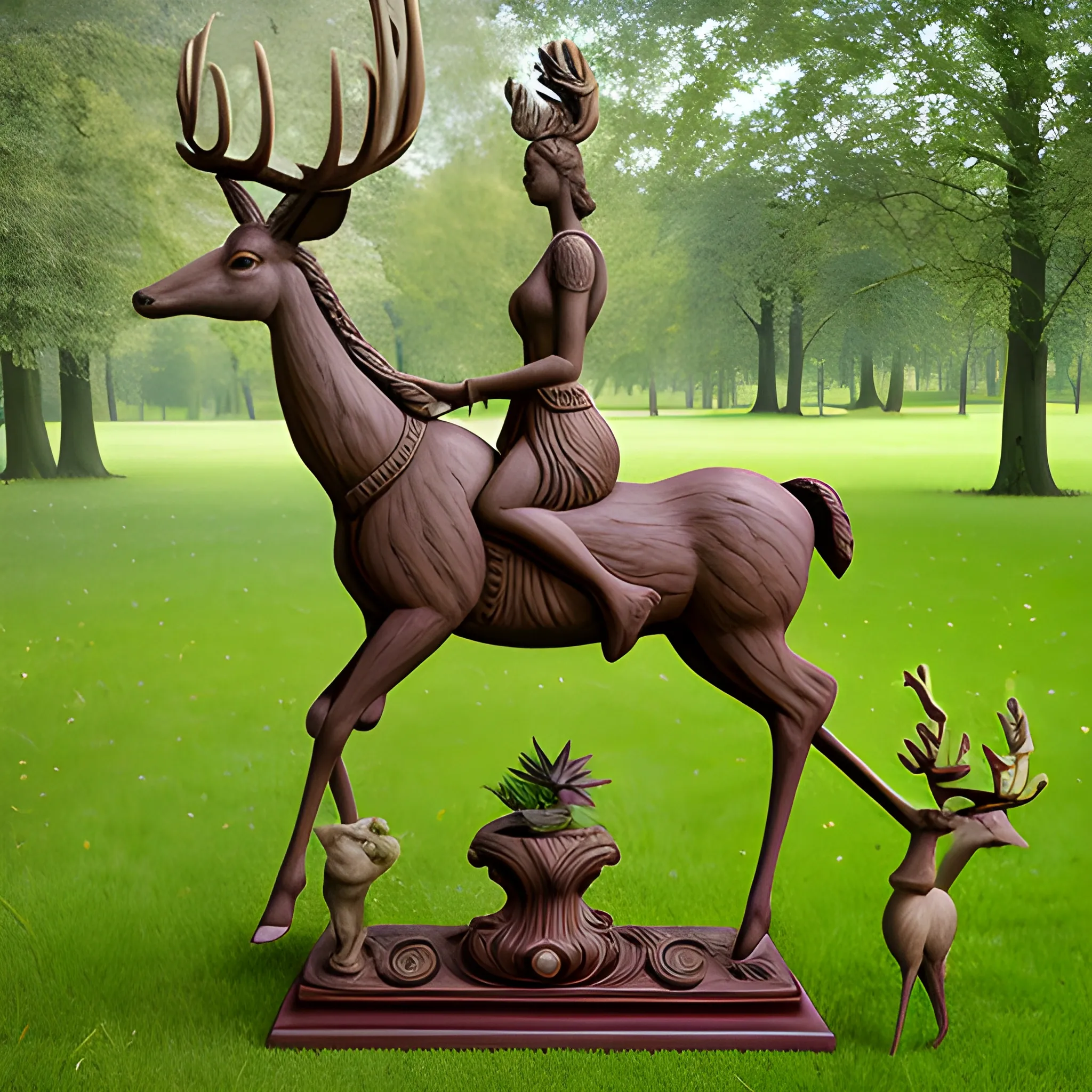 , 3D, wooden sculpture, goddess of deer and plants, mounted on a mixed deer and horse animal. made by a genius Renaissance sculptor
