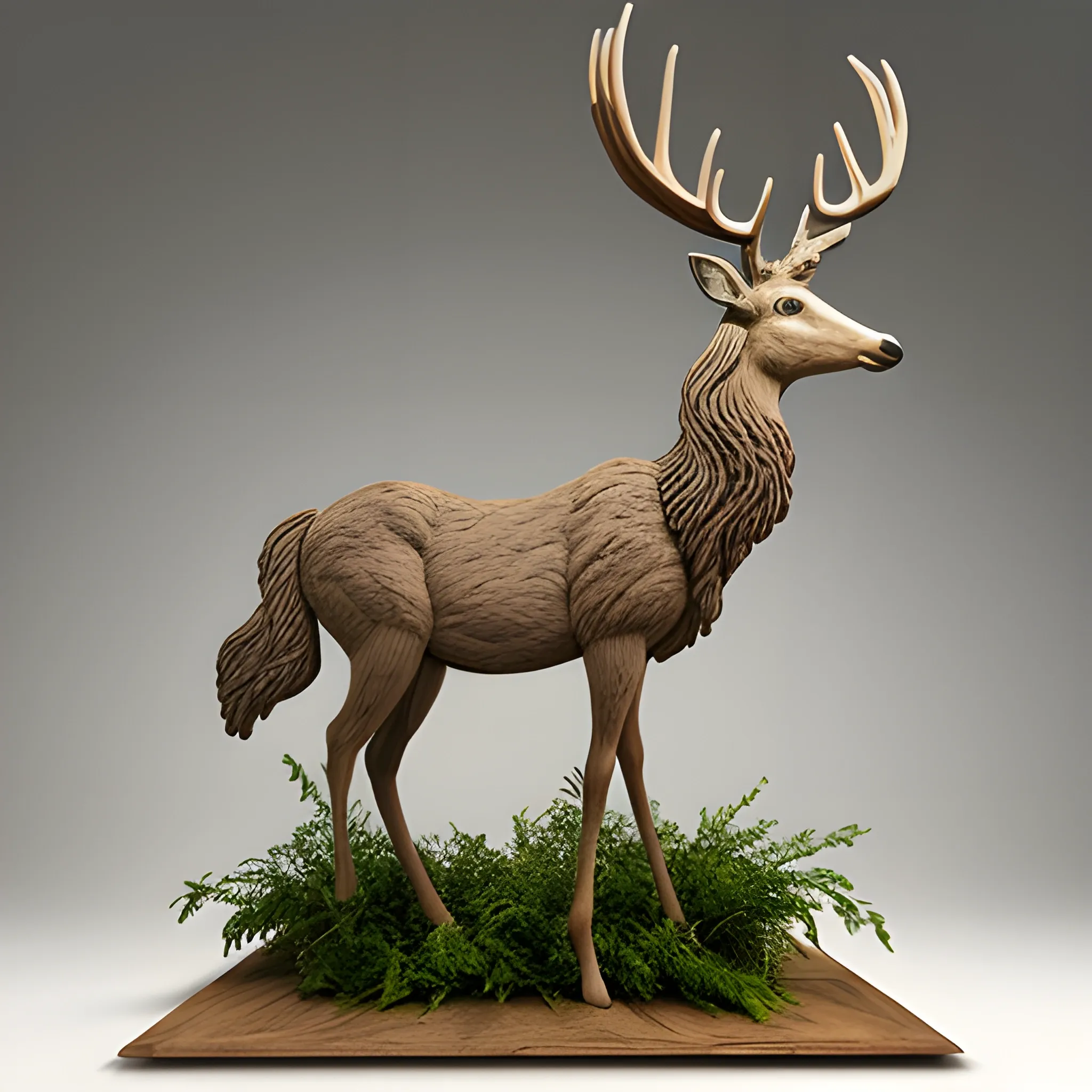 , 3D, wooden realistic  sculpture, goddess of deer and plants, mounted on a mixed deer and horse animal. made by a genius modern sculptor