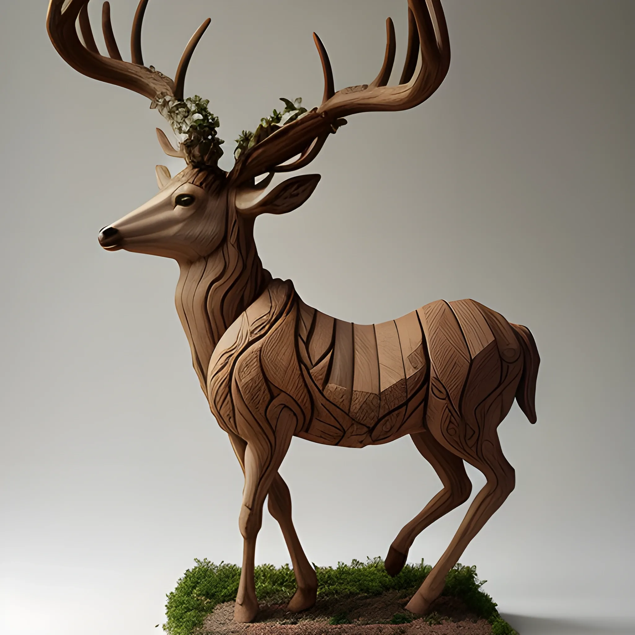 pencil sketch, wooden realistic  sculpture, goddess of deer and plants, mounted on a mixed deer and horse beast. made by a genius modern sculptor of 21 century