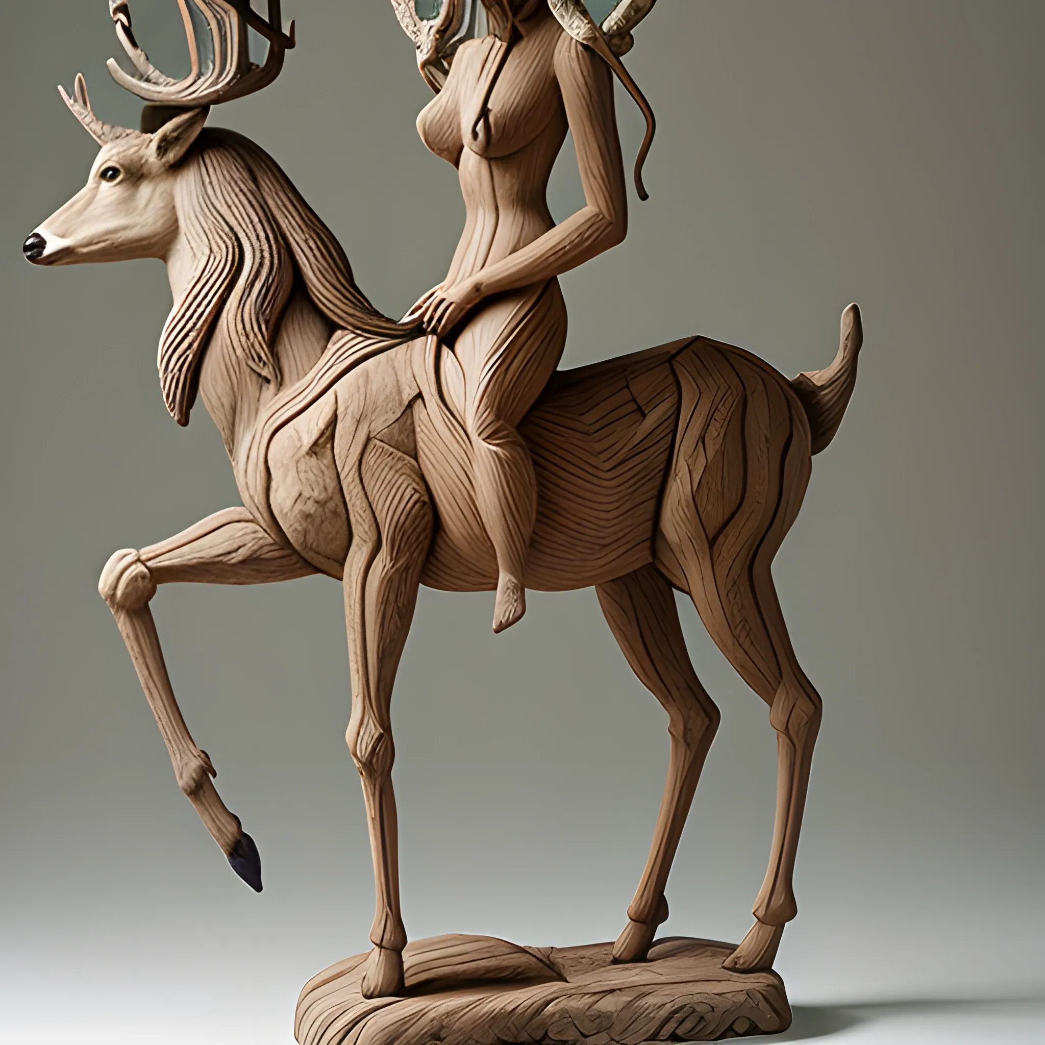pencil sketch, wooden realistic  sculpture, goddess of deer and plants, mounted on a mixed deer and horse beast. made by a genius modern sculptor of 21 century