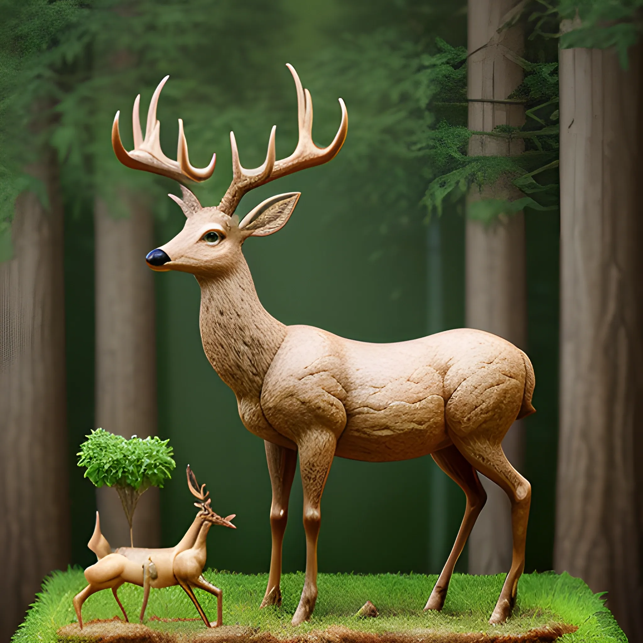 , Cartoon, Hyper realistic, stylized sculpture, goddess of deer and plants, mounted on an animal mix of deer and horse. made by a genius modern sculptor in the 21st century
