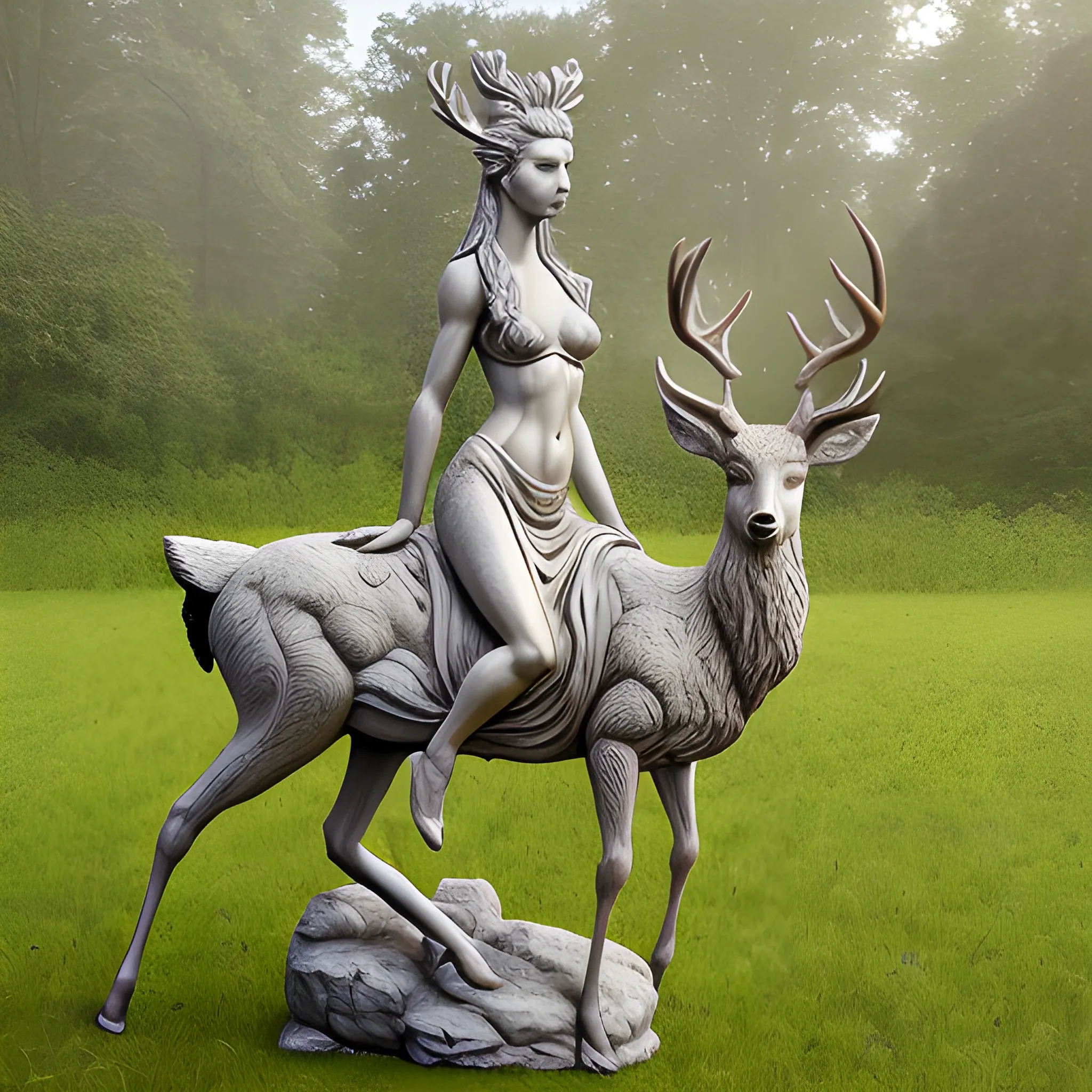 , Hyper realistic sculpture, beautiful female goddess of deer and plants, mounted on an animal mix of deer and horse. made by a genius modern sculptor in the 21st century, Pencil Sketch