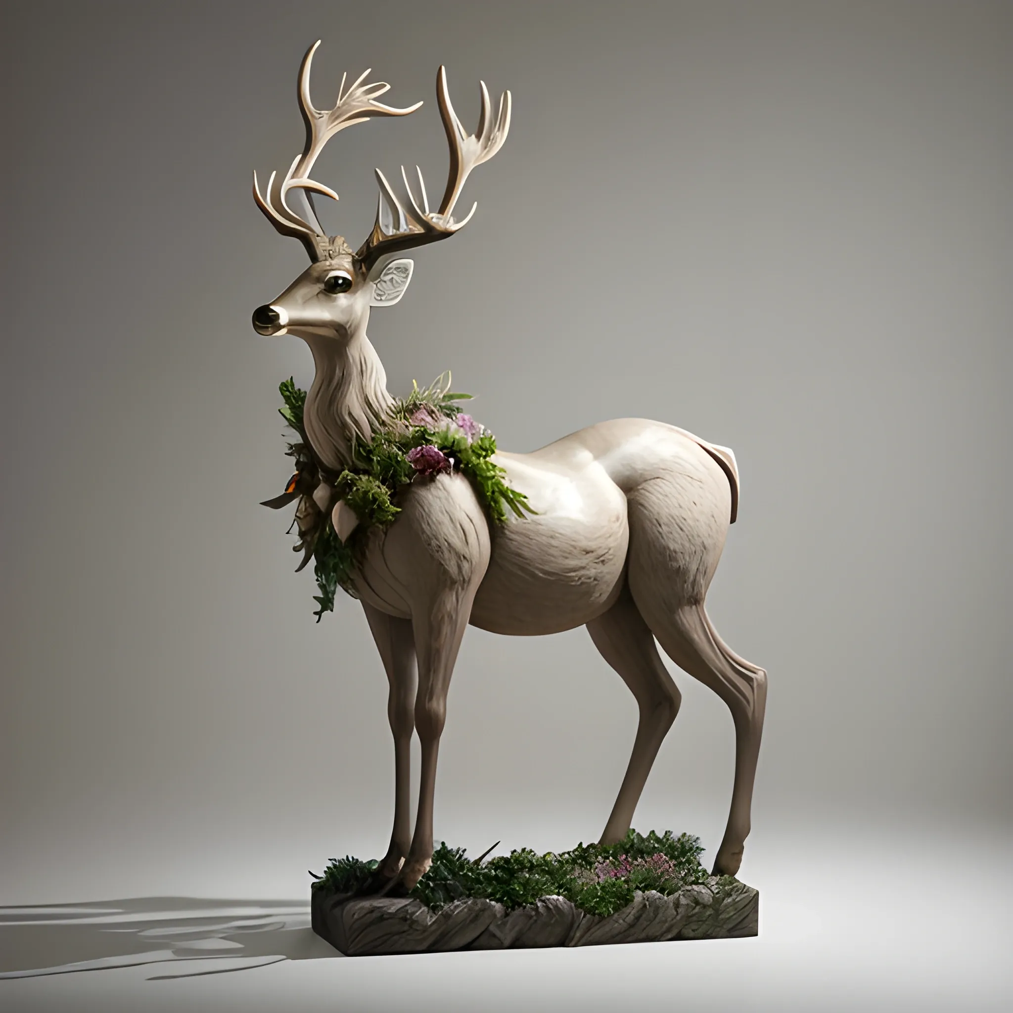 "A hyperrealistic and stylized sculpture that represents a female goddess of deer and plants, mounted on a creature that fuses the elegance of the deer with the strength of the horse, created by a prodigious contemporary sculptor of the 21st century."