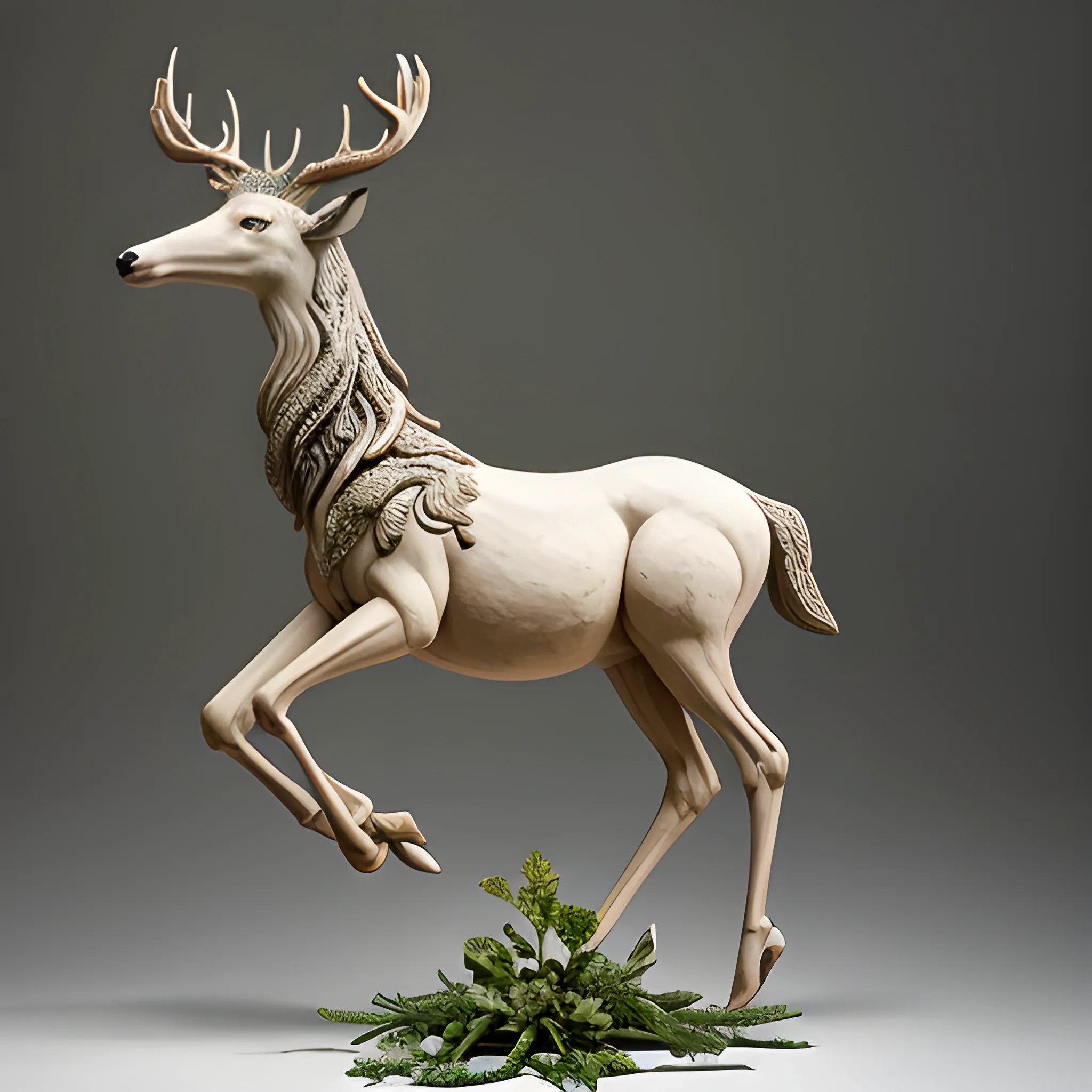 "A hyperrealistic and stylized sculpture that represents a female goddess of deer and plants, mounted on a creature that fuses the elegance of the deer with the strength of the horse, created by a prodigious contemporary sculptor of the 21st century."