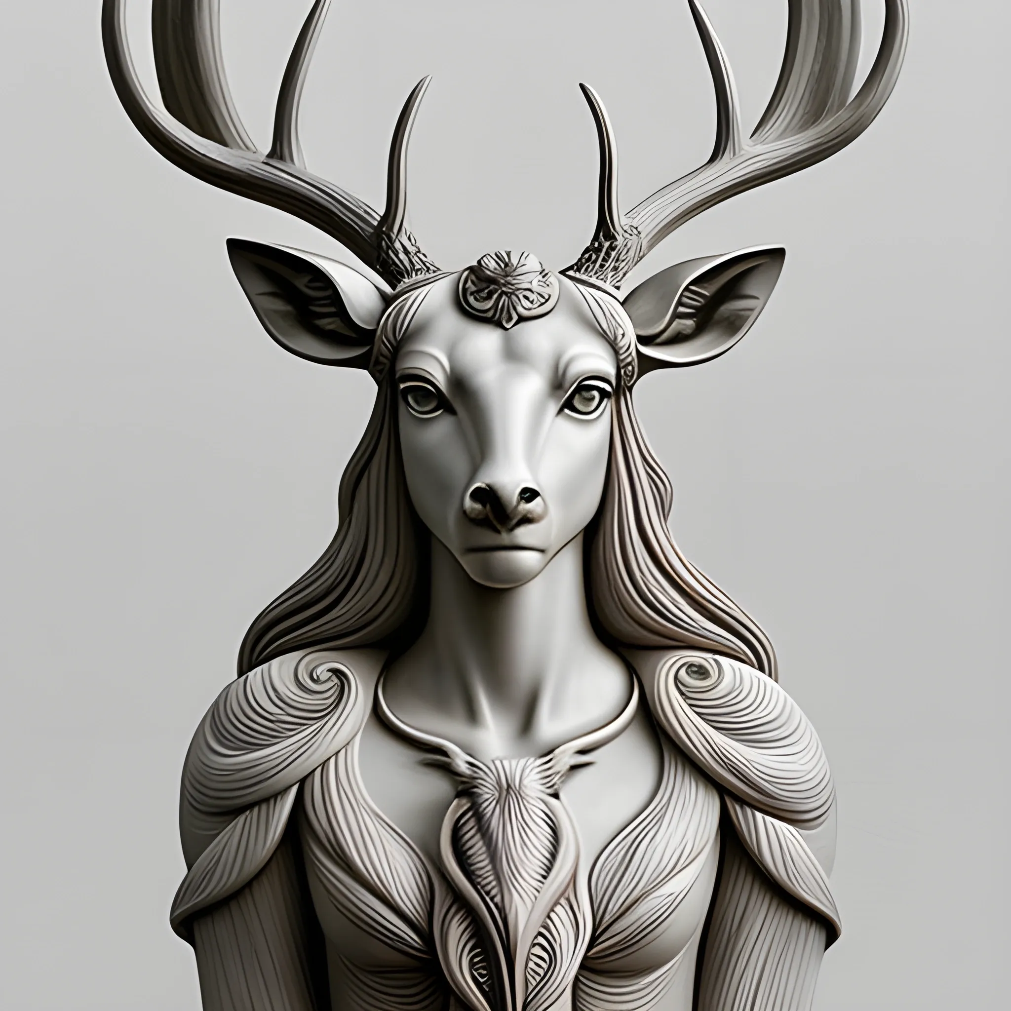 , Pencil Sketch A hyperrealistic and stylized representation that represents a female goddess of deer and plants, along with a creature that fuses the elegance of the deer with the strength of the horse, created by a prodigious contemporary sculptor of the 21st century