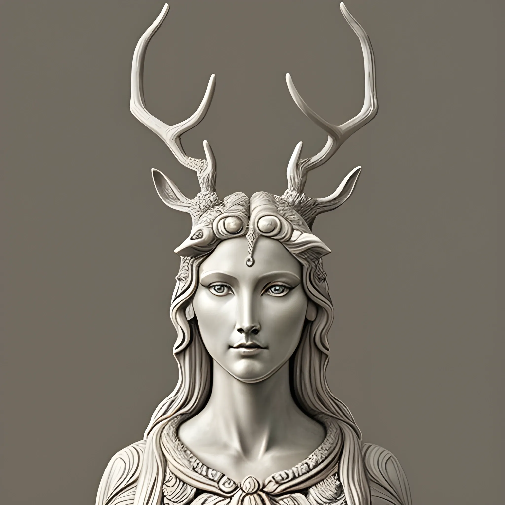 , Pencil Sketch A hyperrealistic and stylized representation of a female goddess of deer and plants, along with a creature that fuses the elegance of the deer with the strength of the horse, created by a prodigious contemporary sculptor of the 21st century