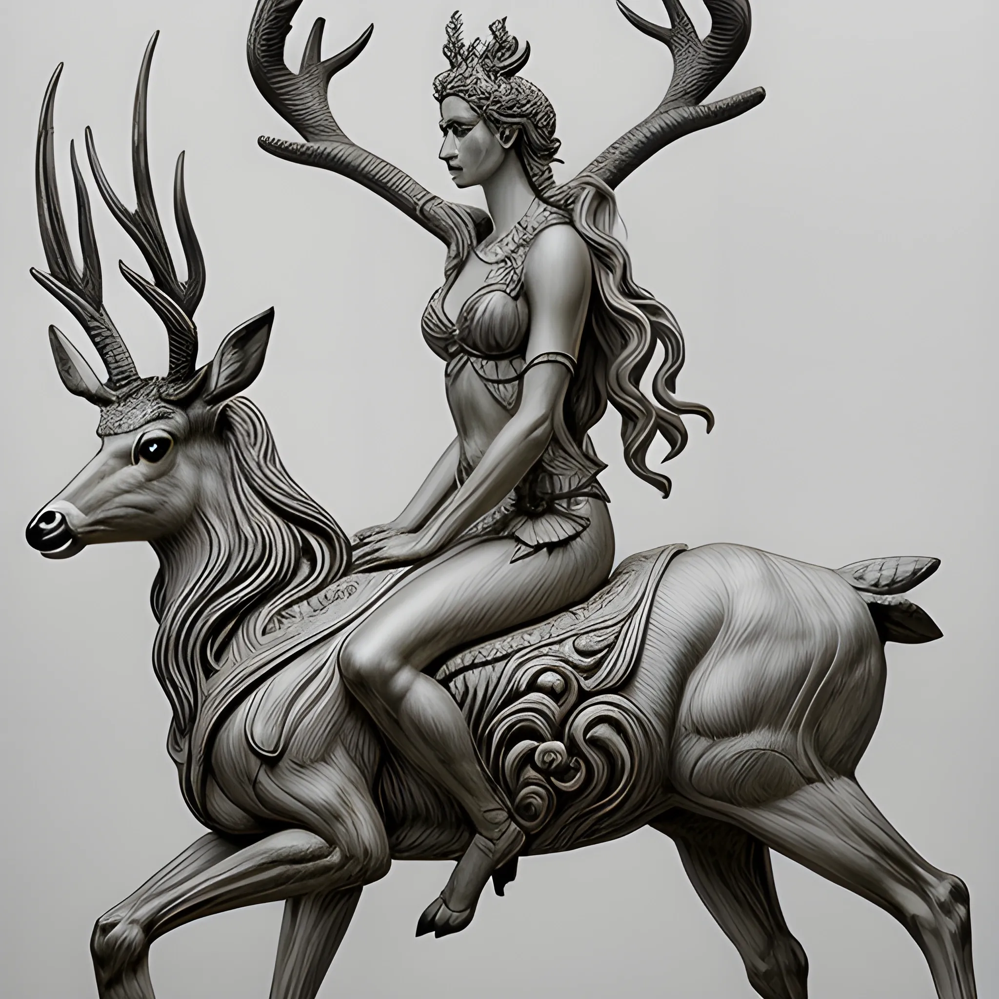 , Pencil Sketch A hyperrealistic and stylized representation of a female goddess of deer and plants, riding a creature that fuses the elegance of the deer with the strength of the horse, created by a prodigious contemporary sculptor of the 21st century