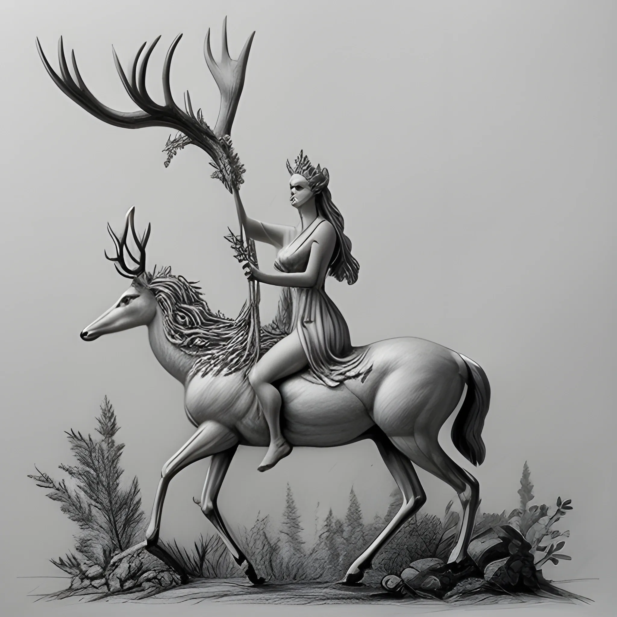 , Pencil Sketch A hyperrealistic representation of a female goddess of deer and plants, riding a creature that fuses the elegance of the deer with the strength of the horse, created by a prodigious contemporary sculptor of the 21st century