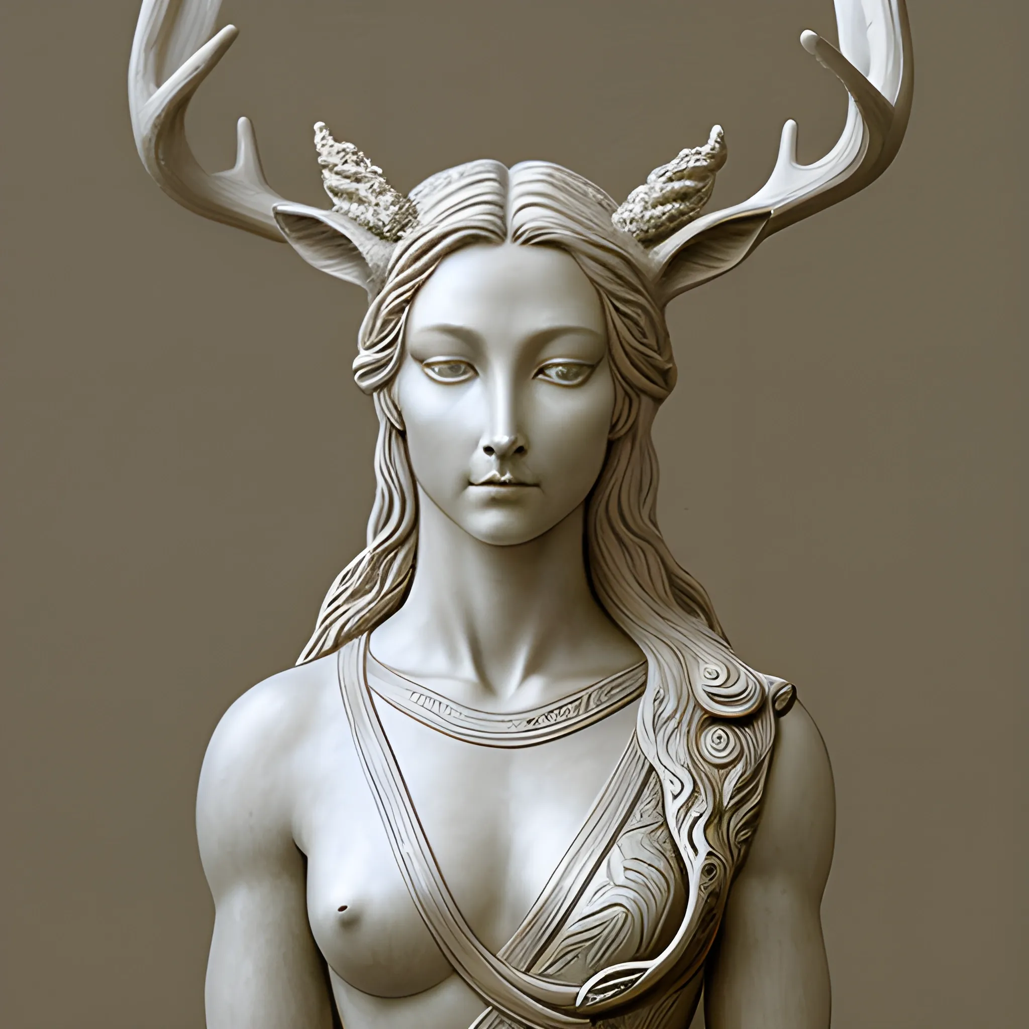 , Pencil Sketch A hyperrealistic representation of a female goddess of deer and plants, riding a creature that fuses the elegance of the deer with the strength of the horse, created by a prodigious contemporary sculptor of the 21st century