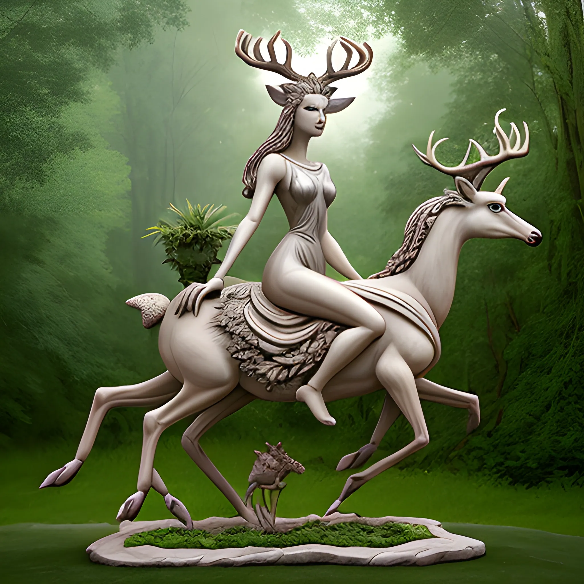 , Cartoon A hyperrealistic representation of a female goddess of deer and plants, riding a creature that fuses the elegance of the deer with the strength of the horse, created by a prodigious contemporary sculptor from the future