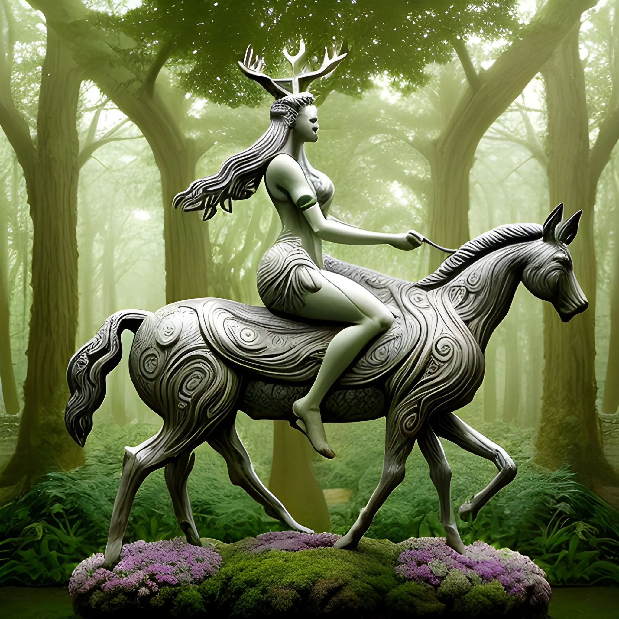 , Trippy A hyperrealistic representation of a female goddess of deer and plants, riding a creature that fuses a cat with a horse, created by a prodigious sculptor from the future