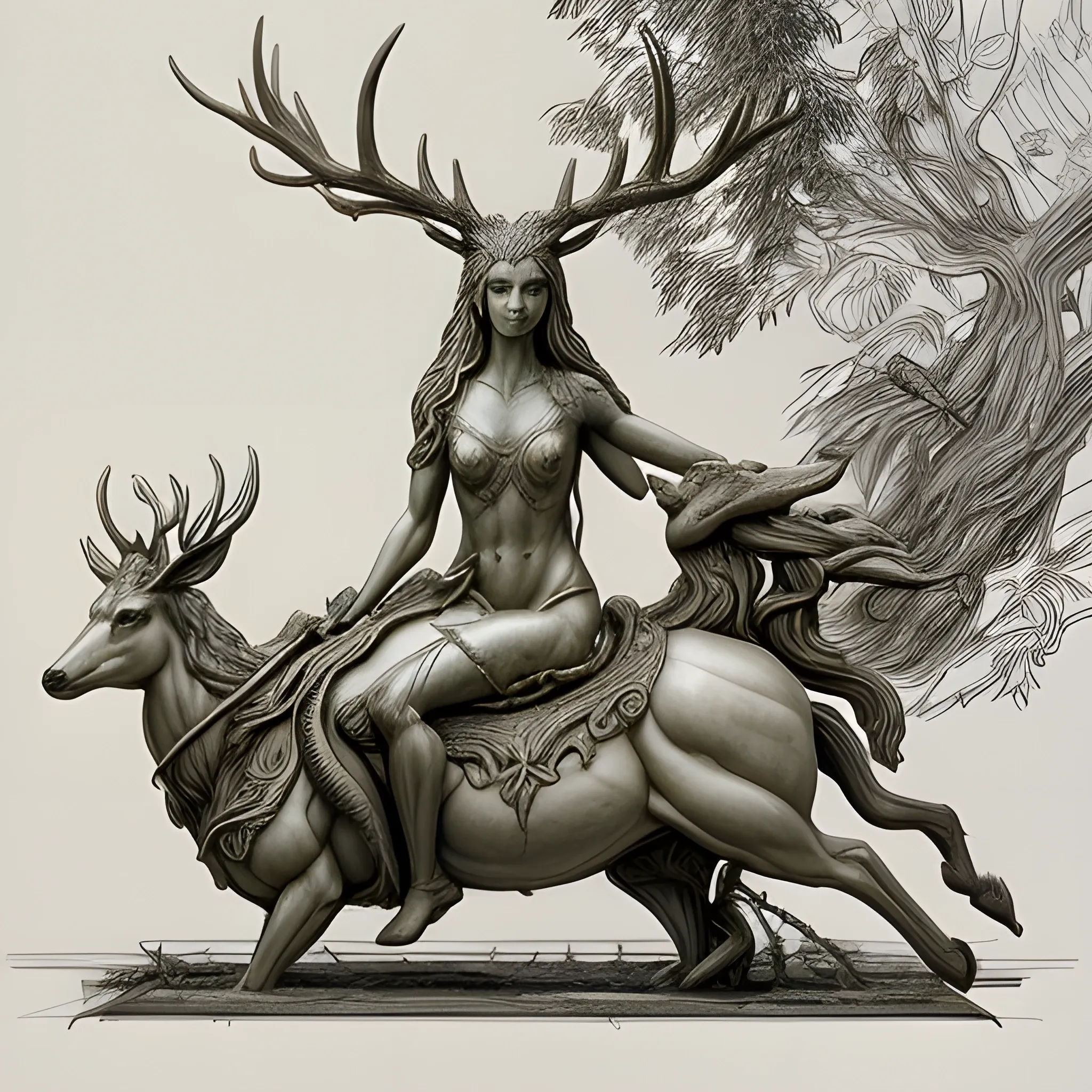 , A nocturnal, forest, hyper-realistic representation of a female goddess of deer and plants, riding a creature that fuses a cat with a horse, created by a prodigious sculptor from the future, Pencil Sketch
