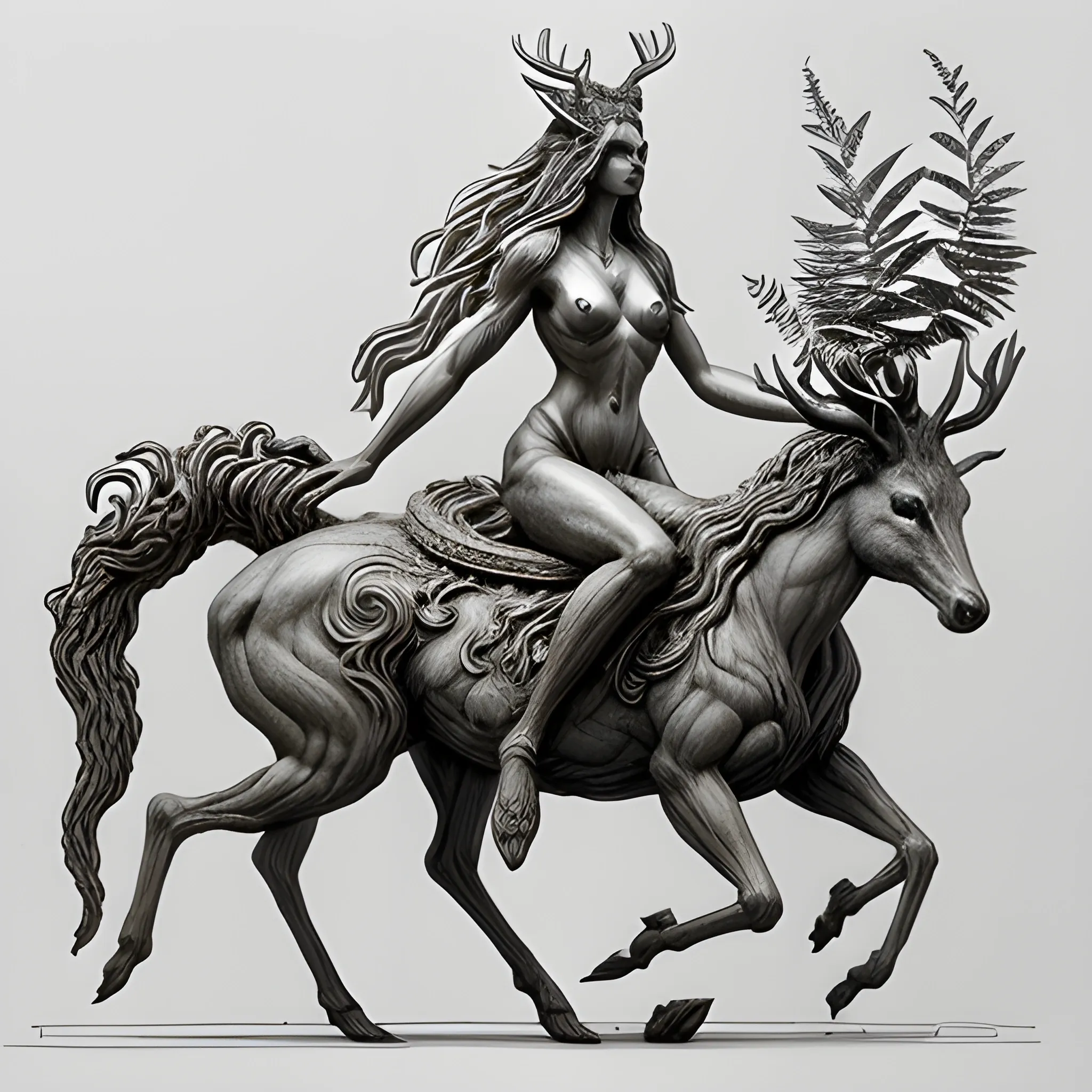 , A nocturnal, forest, hyper-realistic representation of a female goddess of deer and plants, riding a creature that fuses a cat with a horse, created by a prodigious sculptor from the future, Pencil Sketch