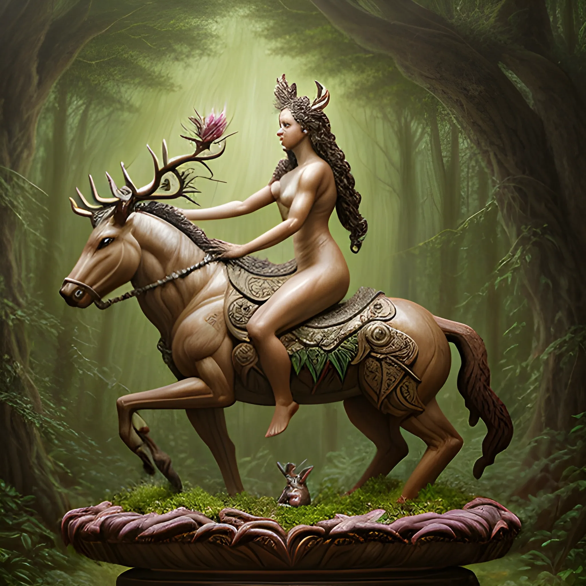 A nocturnal, forest, hyper-realistic, female goddess of deer and plants. riding a creature, fuses a cat with a horse, created by a prodigious sculptor from the future, , Oil Painting
