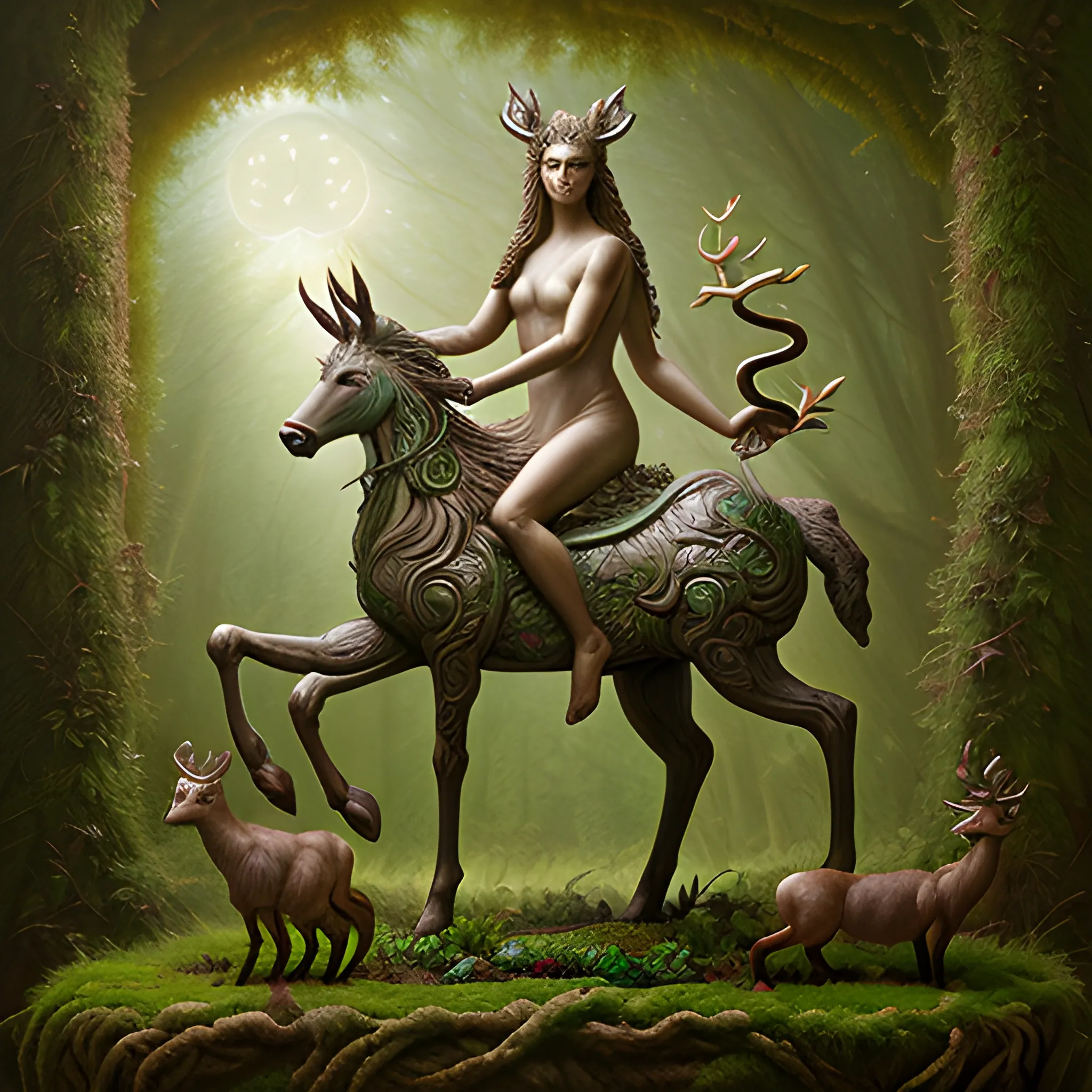 A nocturnal, forest, hyper-realistic, female goddess of deer and plants. riding a creature, fuses a cat with a horse, created by a prodigious sculptor from the future, , Oil Painting