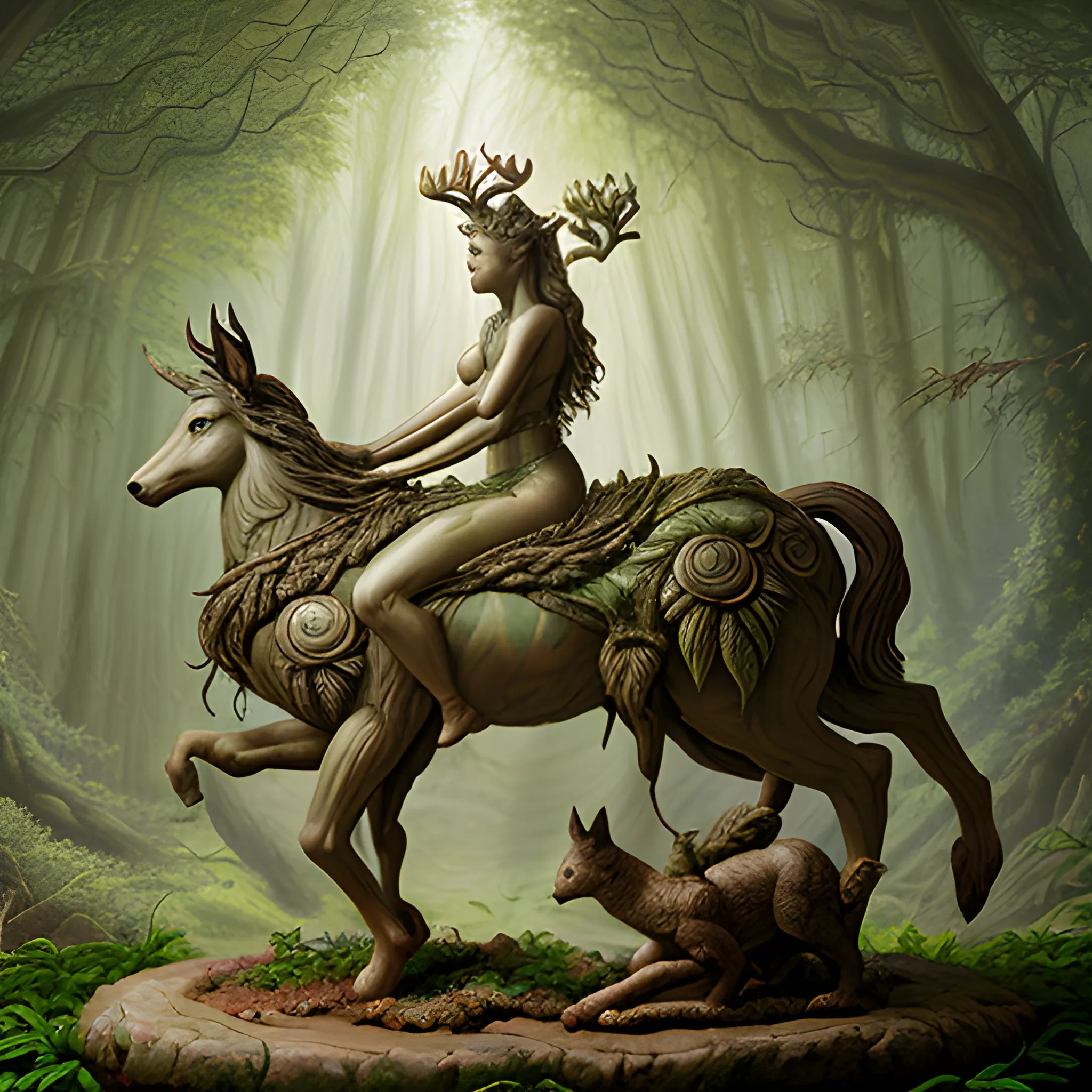 A nocturnal, forest, hyper-realistic, female goddess of deer and plants. riding a creature, fuses a cat with a horse, created by a prodigious sculptor from the future, , Oil Painting, Cartoon