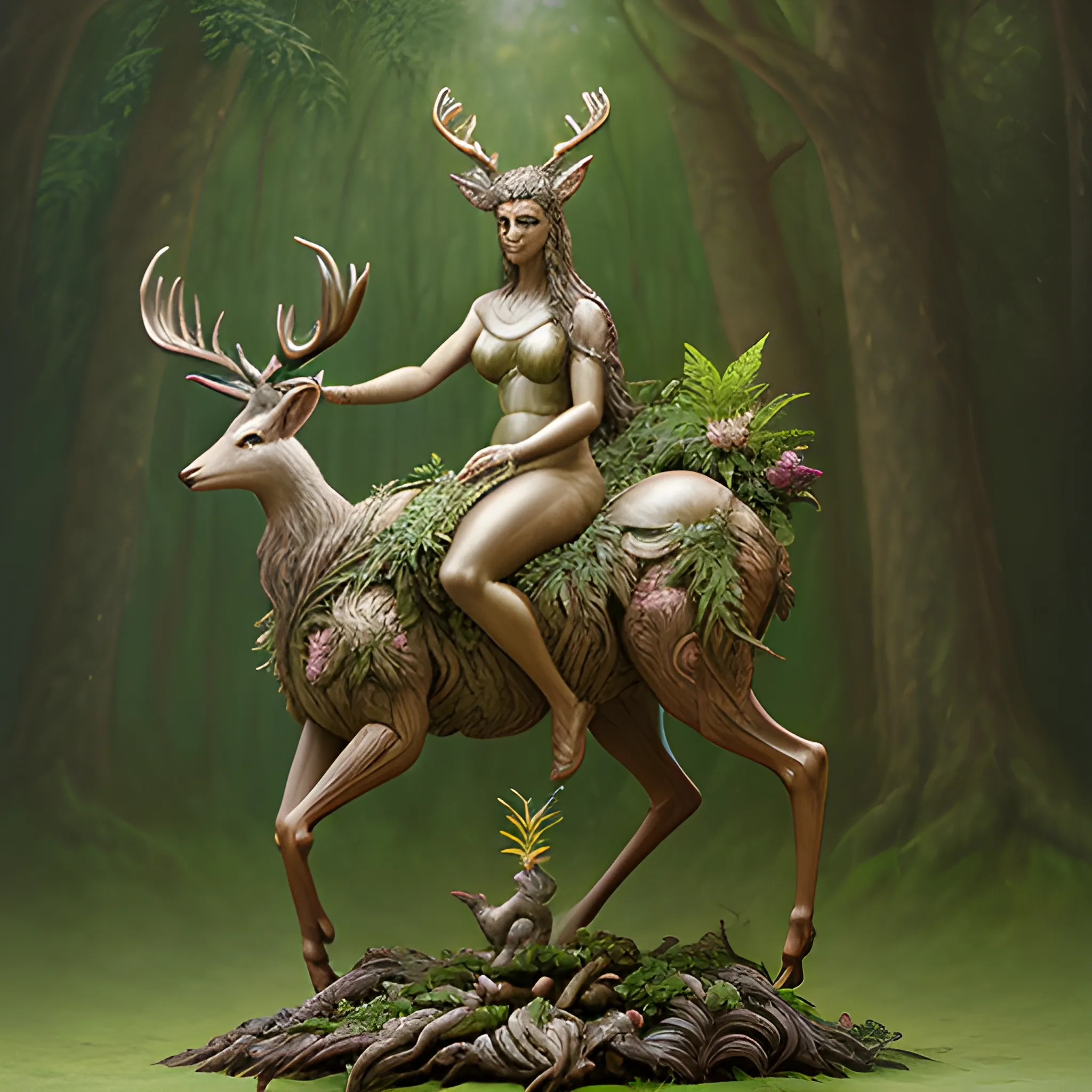 A nocturnal, forest, hyper-realistic, female goddess of deer and plants. riding a creature, created by a prodigious sculptor from the future, , Oil Painting
