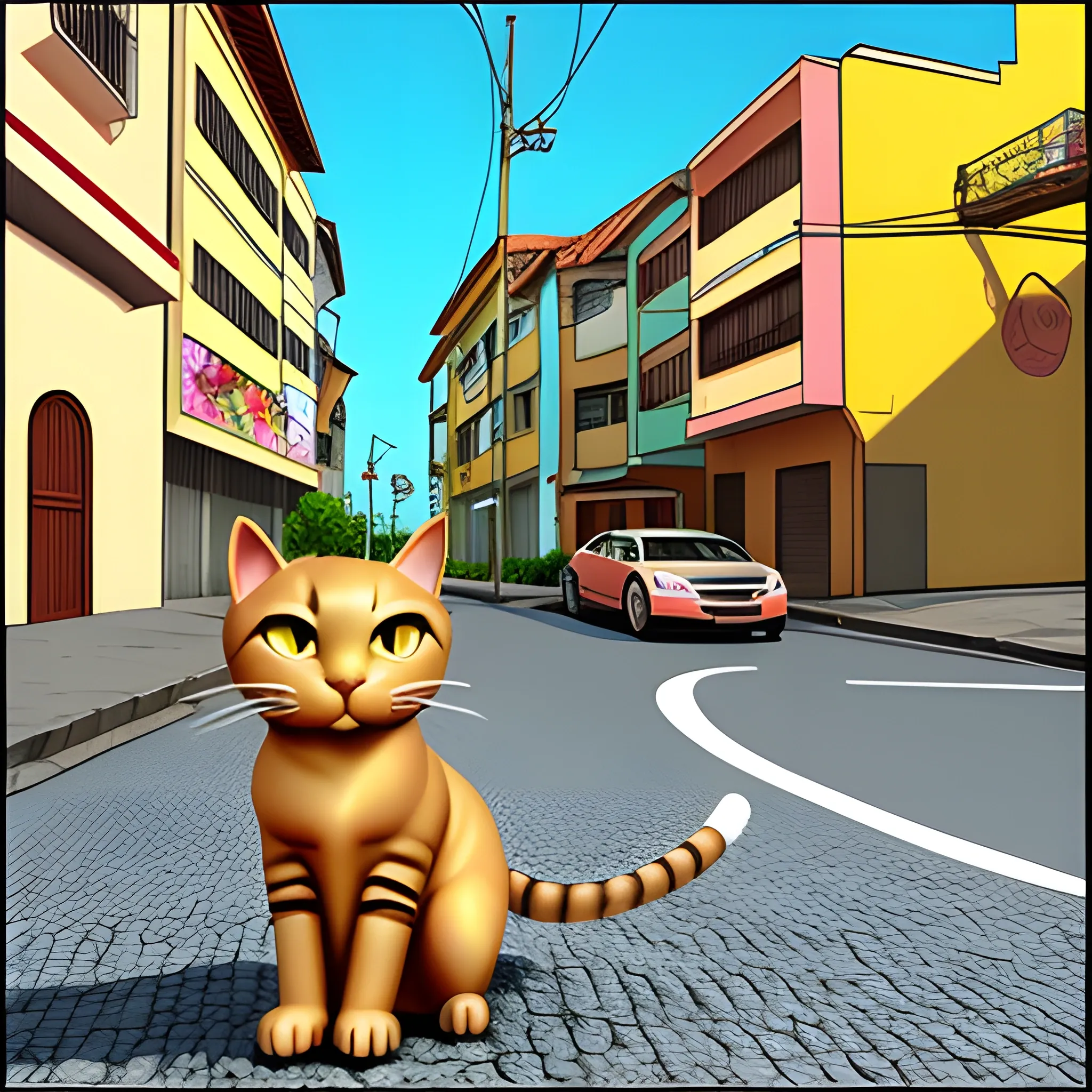 um gato em uma cidade pequena, Cartoon, 3D