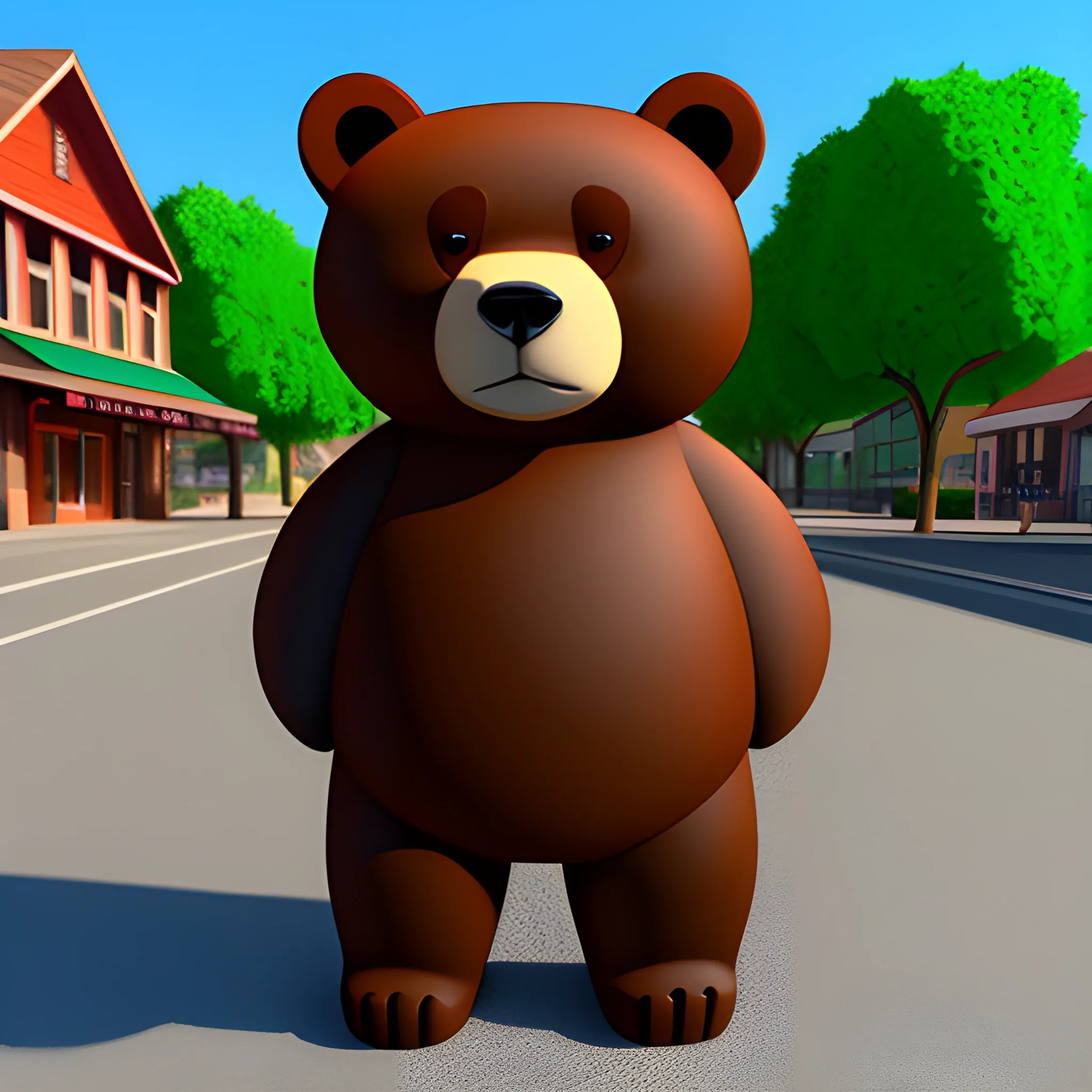 a bear in a small town, Cartoon, 3D