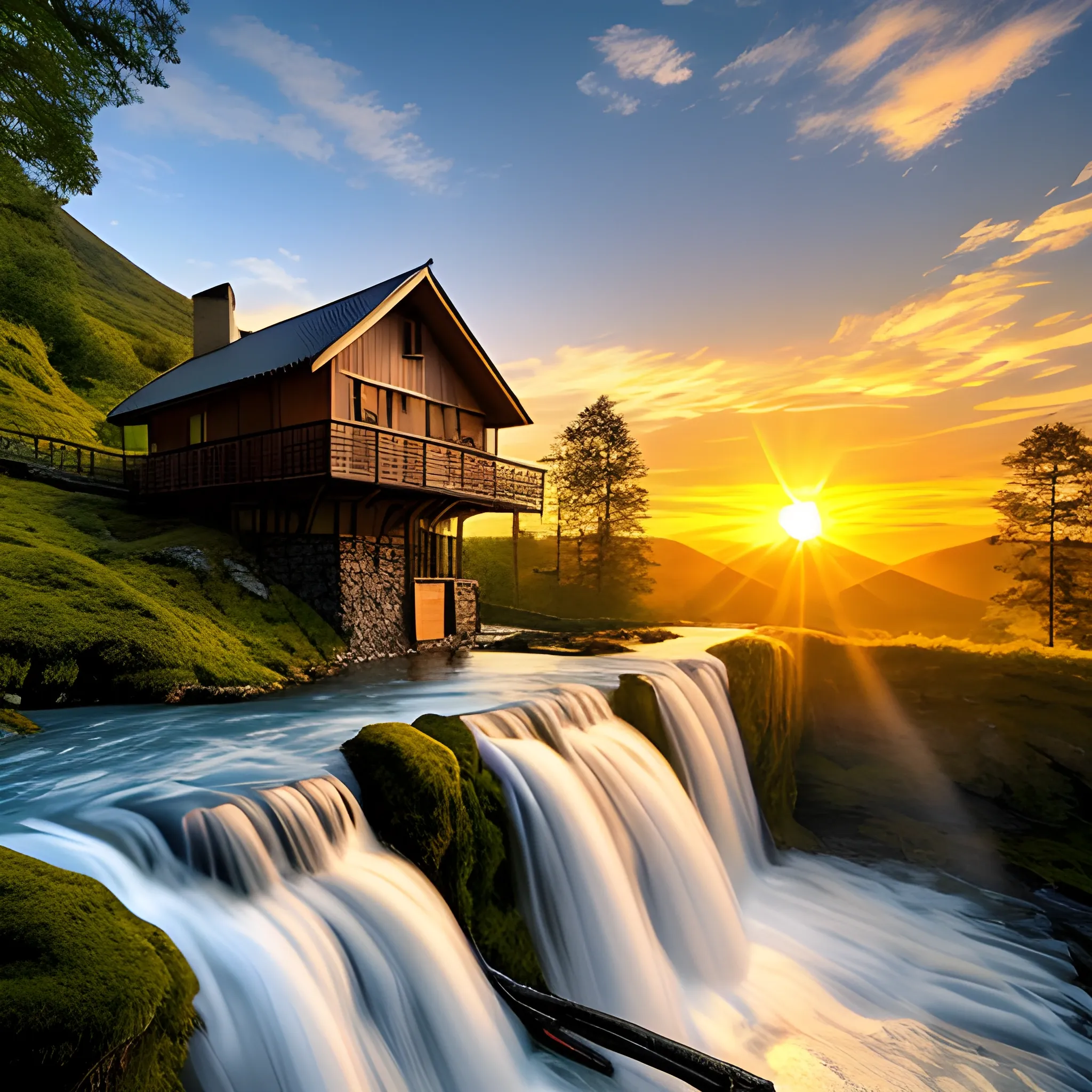 landscape with the sun setting over waterfalls wooden house located over a mountain, Cartoon