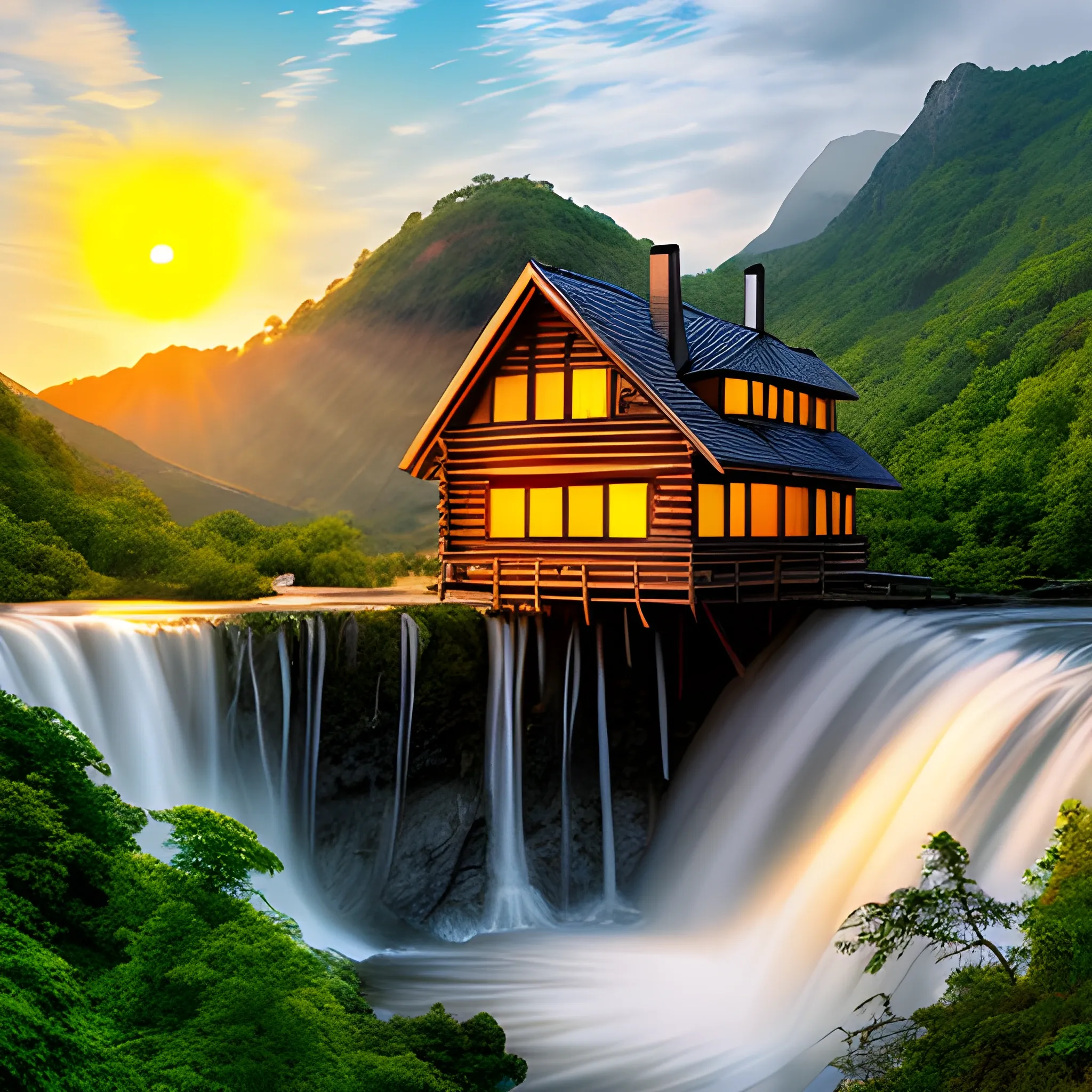 landscape with the sun setting over waterfalls wooden house located over a mountain, Cartoon, Cartoon