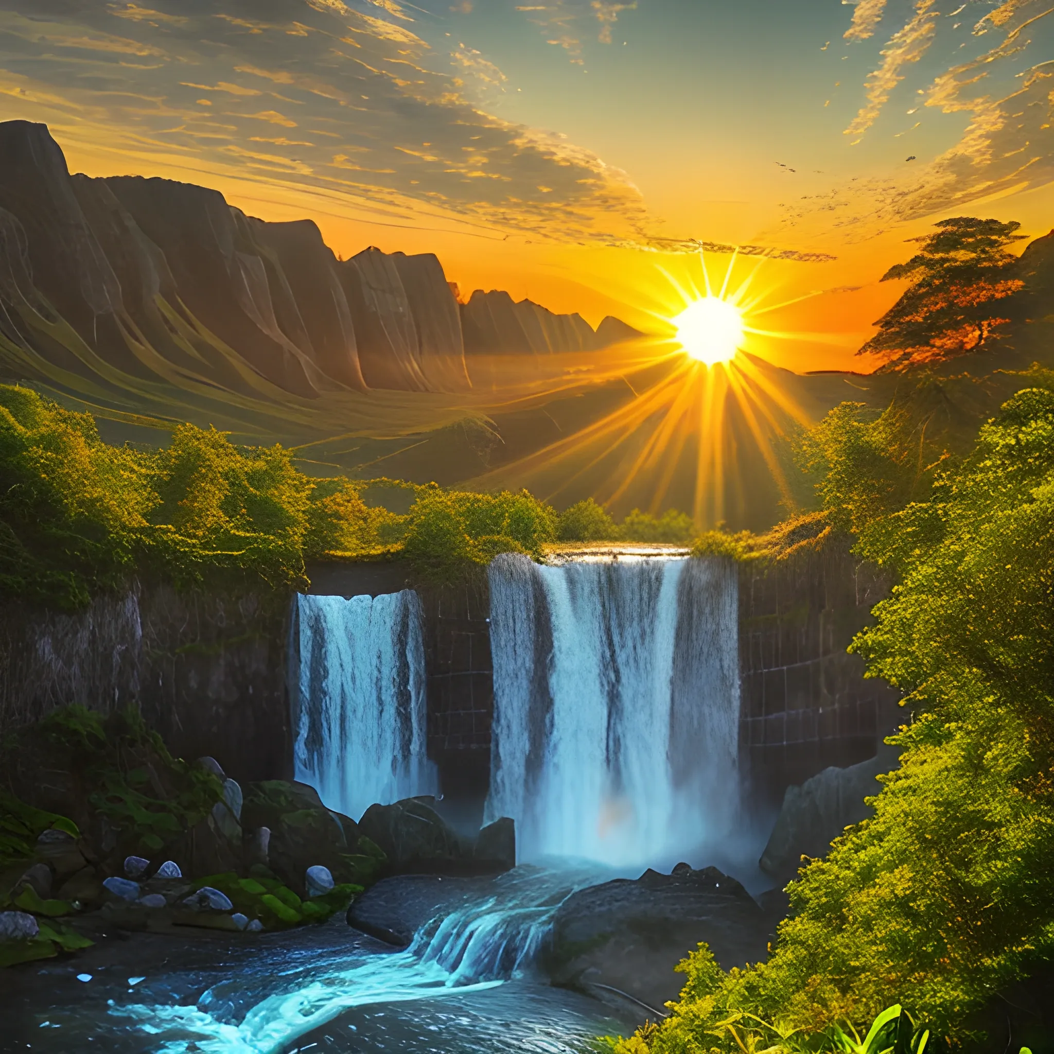 landscape with the sun setting over waterfalls