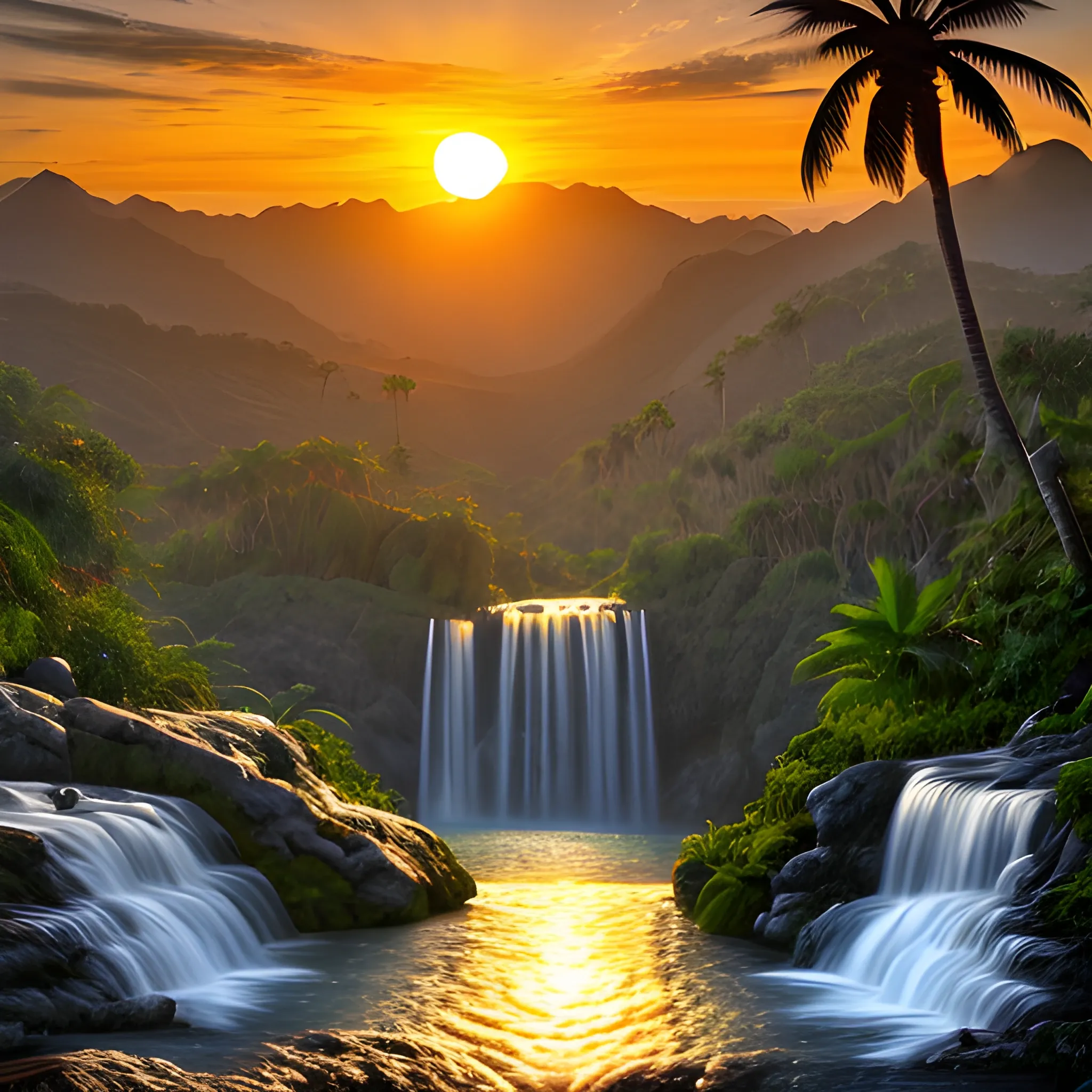 landscape with the sun setting over waterfalls palm tree