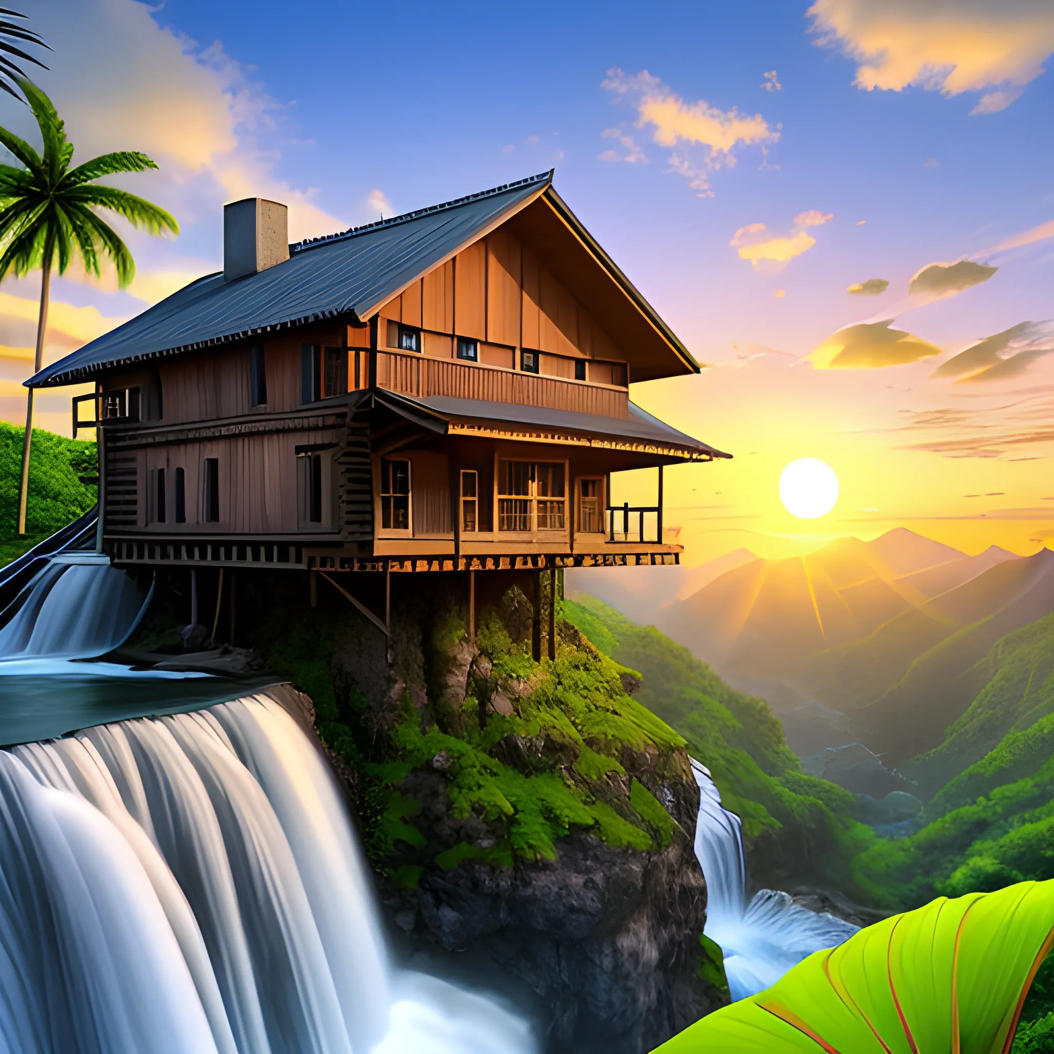 landscape with the sun setting over waterfalls wooden house located over a mountain with in the corners palm leaves, Cartoon